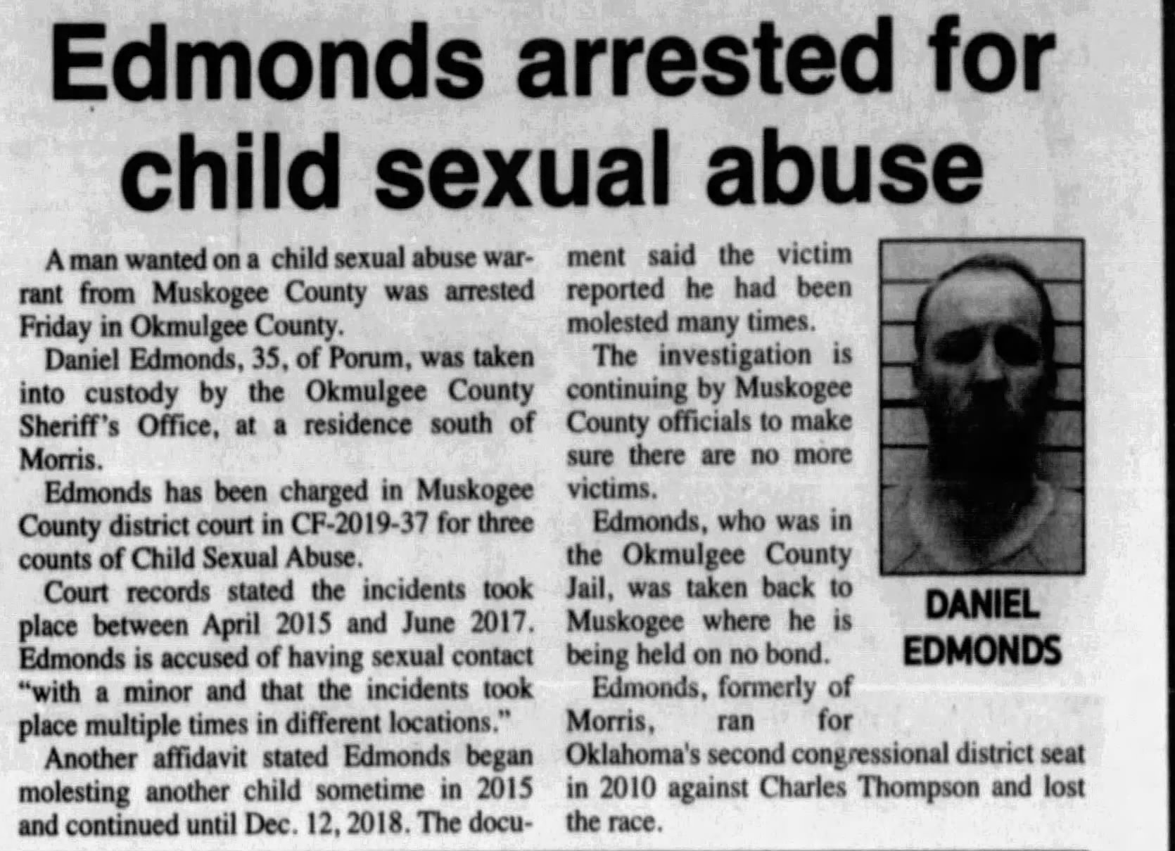 Edmonds arrested for child sexual abuse 
Henryetta Daily Free-Lance
Henryetta, Oklahoma &middot; Wednesday, January 16, 2019