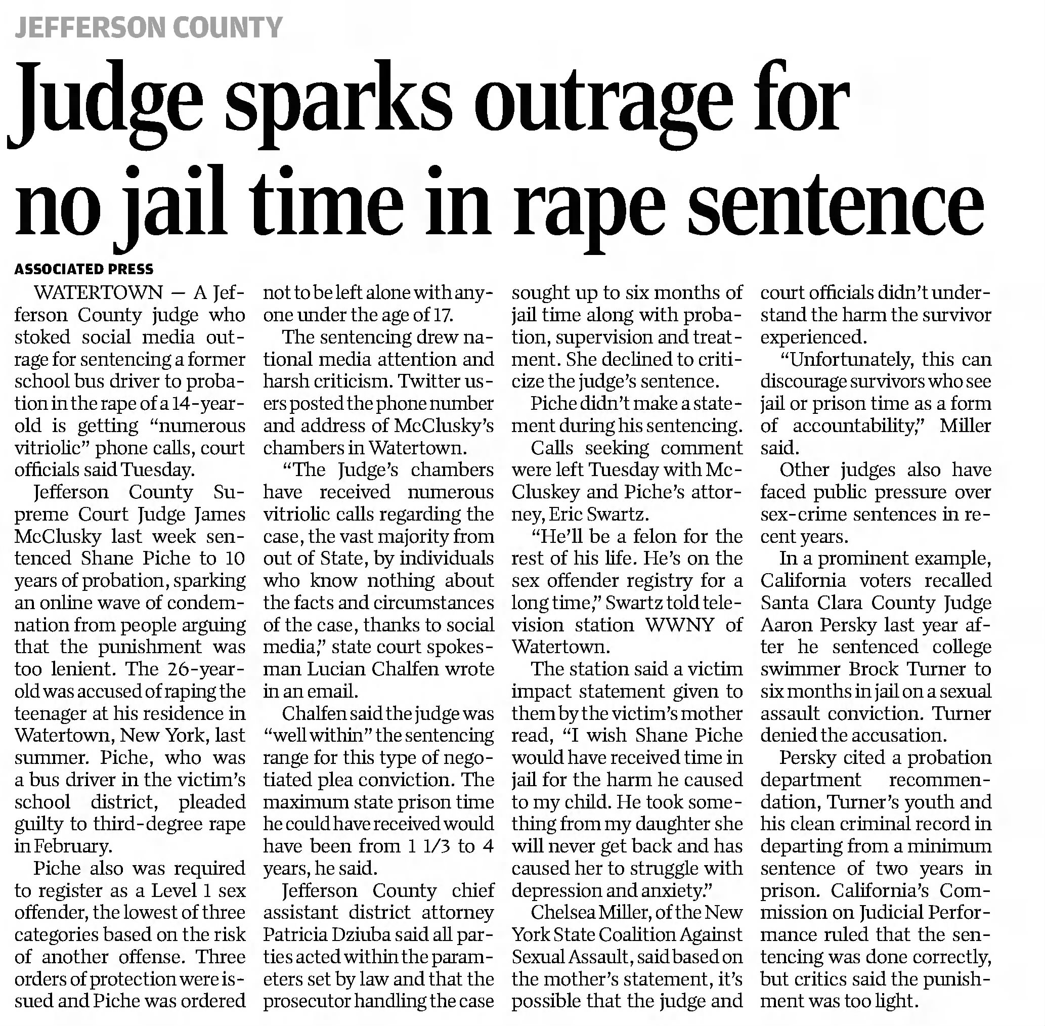 Judge sparks outrage for no jail time in rape sentence
&times;
The Citizen
Auburn, New York &middot; Wednesday, May 01, 2019