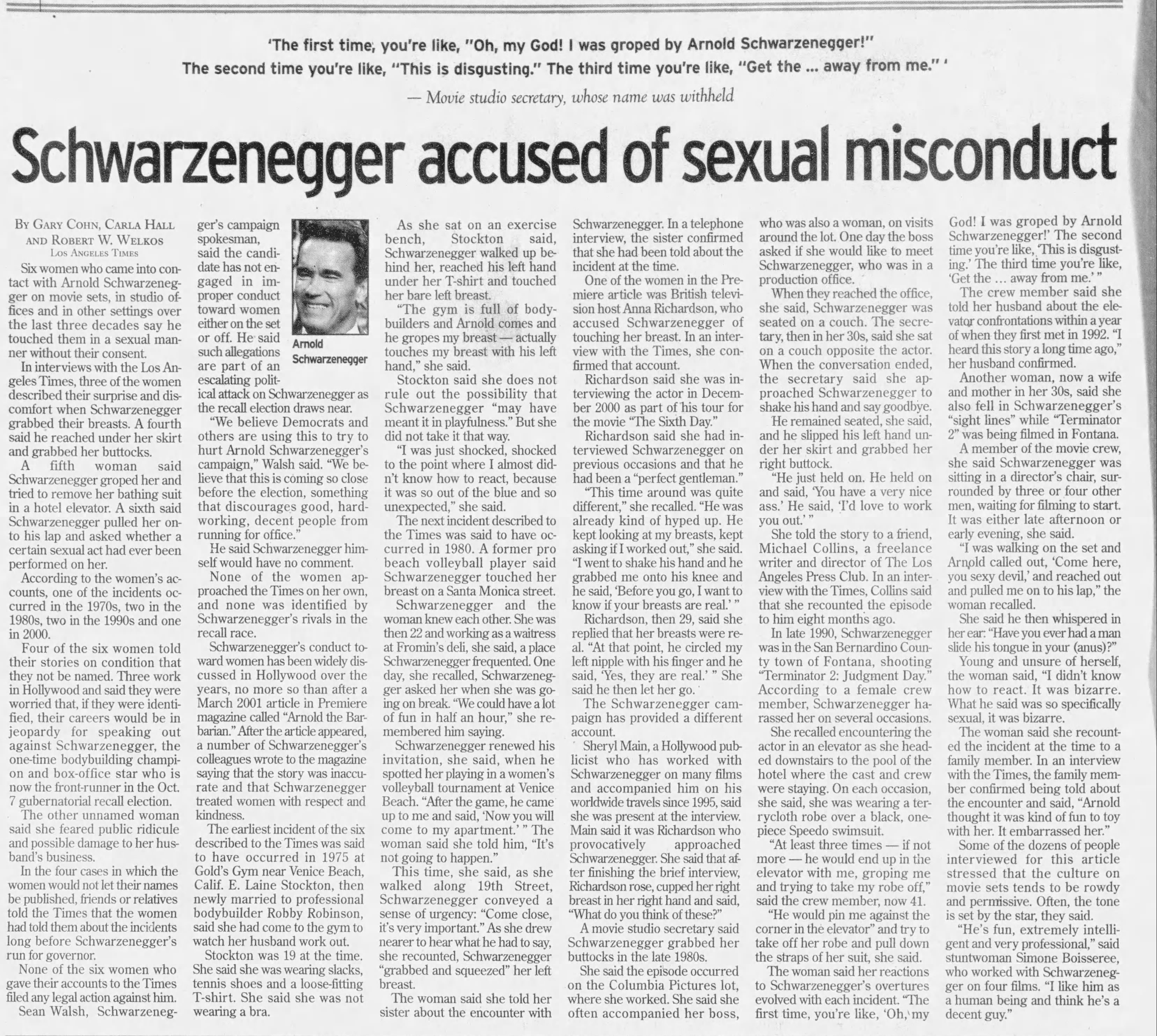 Schwarzenegger accused of sexual misconduct 
The Tribune
San Luis Obispo, California &middot; Thursday, October 02, 2003