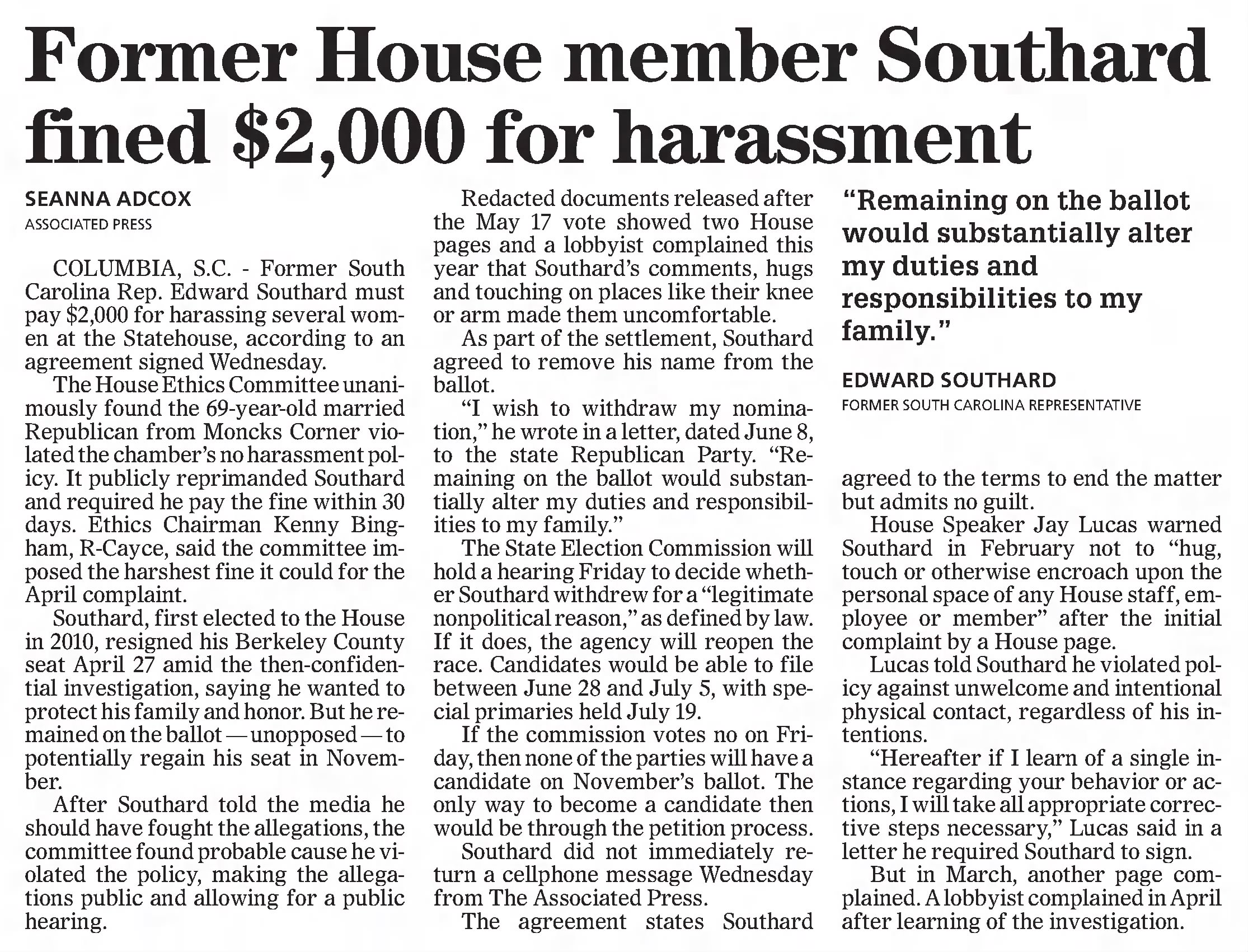 Former House member Southard fined $2000 for harassment
The Greenville News
Greenville, South Carolina · Thursday, June 16, 2016