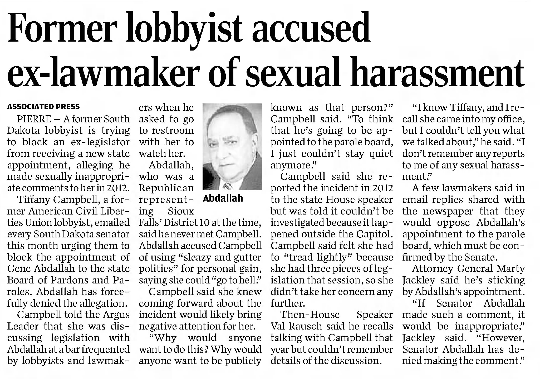 Former lobbyist accused of ex-lawmaker of sexual harassment
Rapid City Journal
Rapid City, South Dakota &middot; Wednesday, November 29, 2017