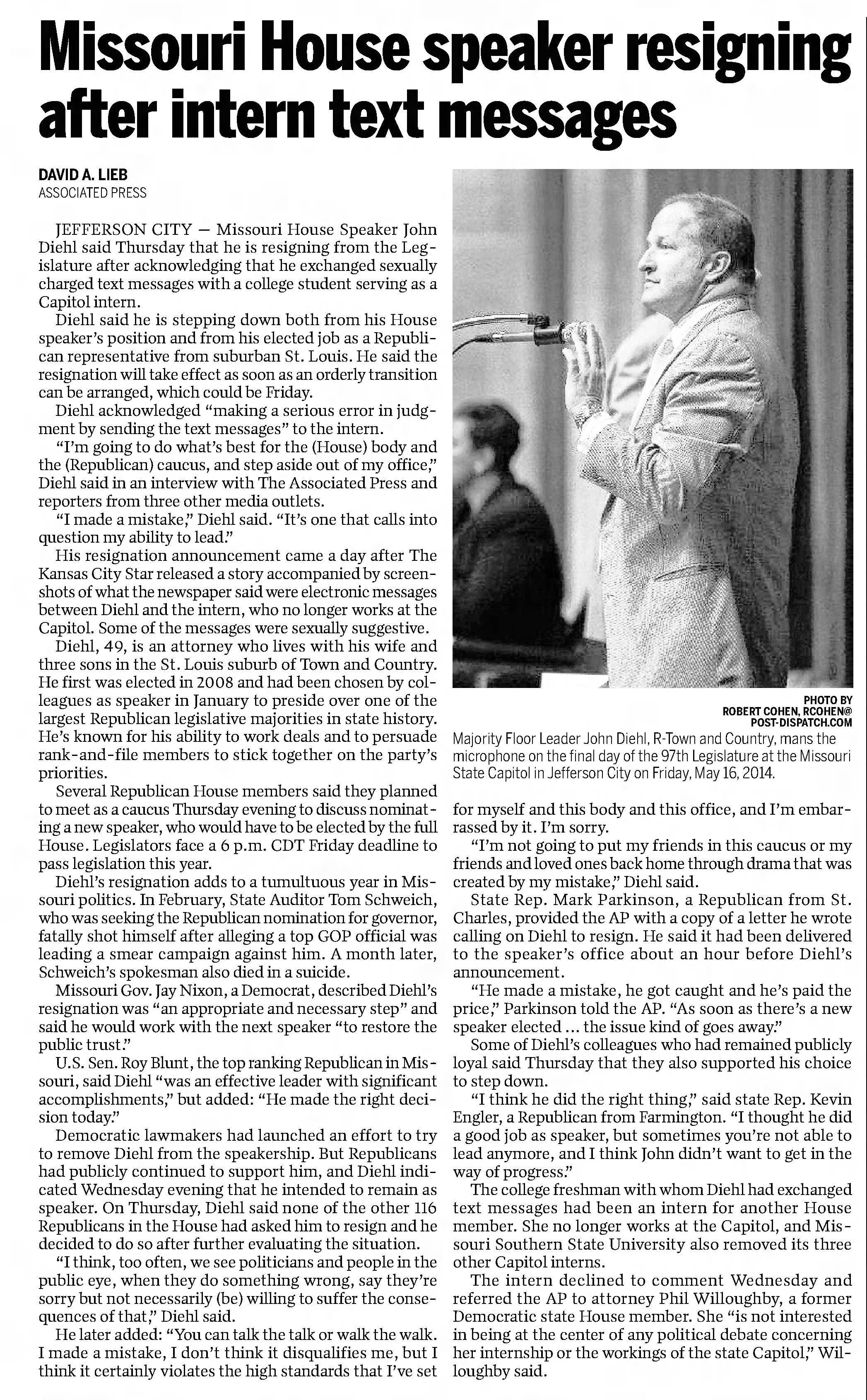Missouri House speaker resigning after intern text messages
The Daily Journal
Flat River, Missouri &middot; Friday, May 15, 2015