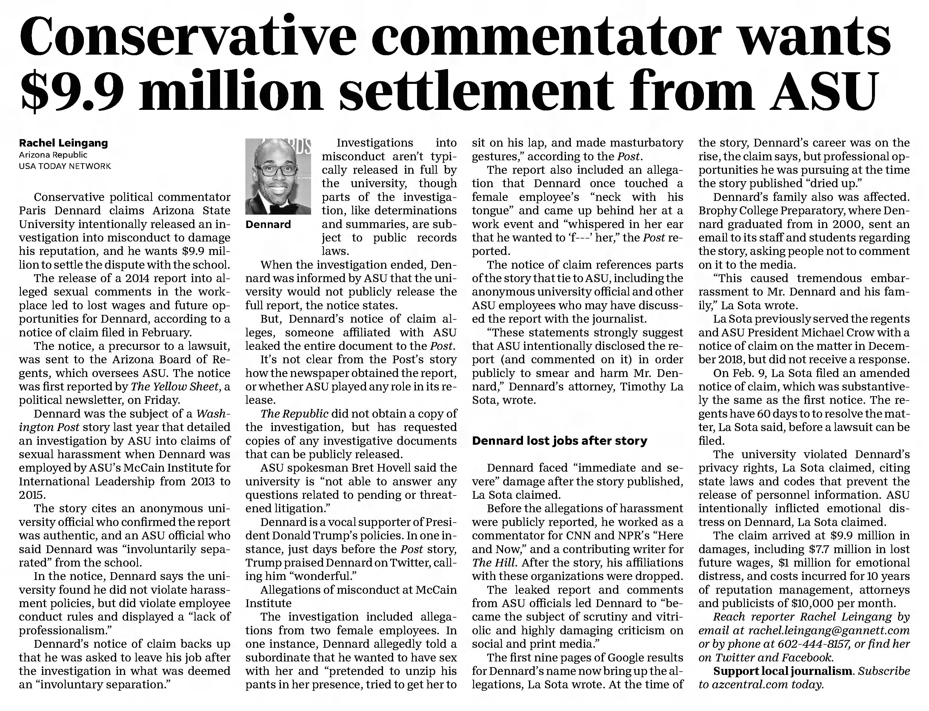 Conservative Commentator wants $9.9 million settlement from ASU
Arizona Republic
Phoenix, Arizona · Wednesday, April 03, 2019