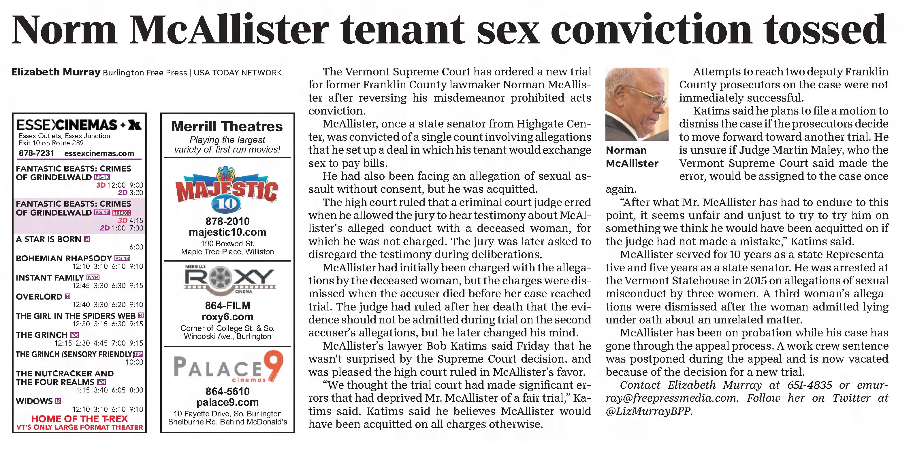 Norm McAllister tenant sex conviction tossed
The Burlington Free Press
Burlington, Vermont · Saturday, November 17, 2018