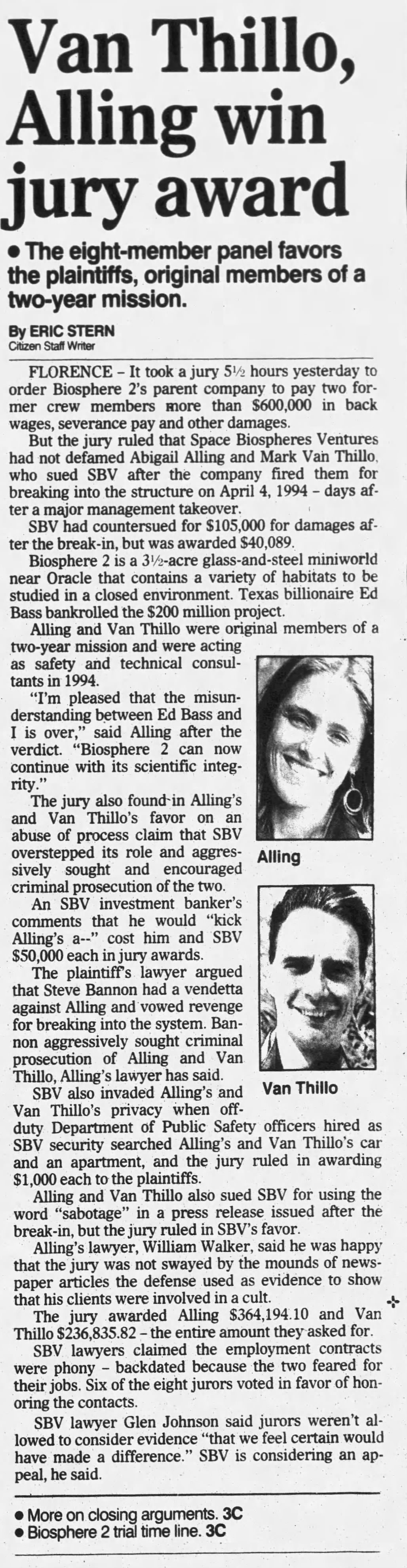 Van Thillo, Alling win jury award
Tucson Citizen
Tucson, Arizona · Saturday, June 01, 1996