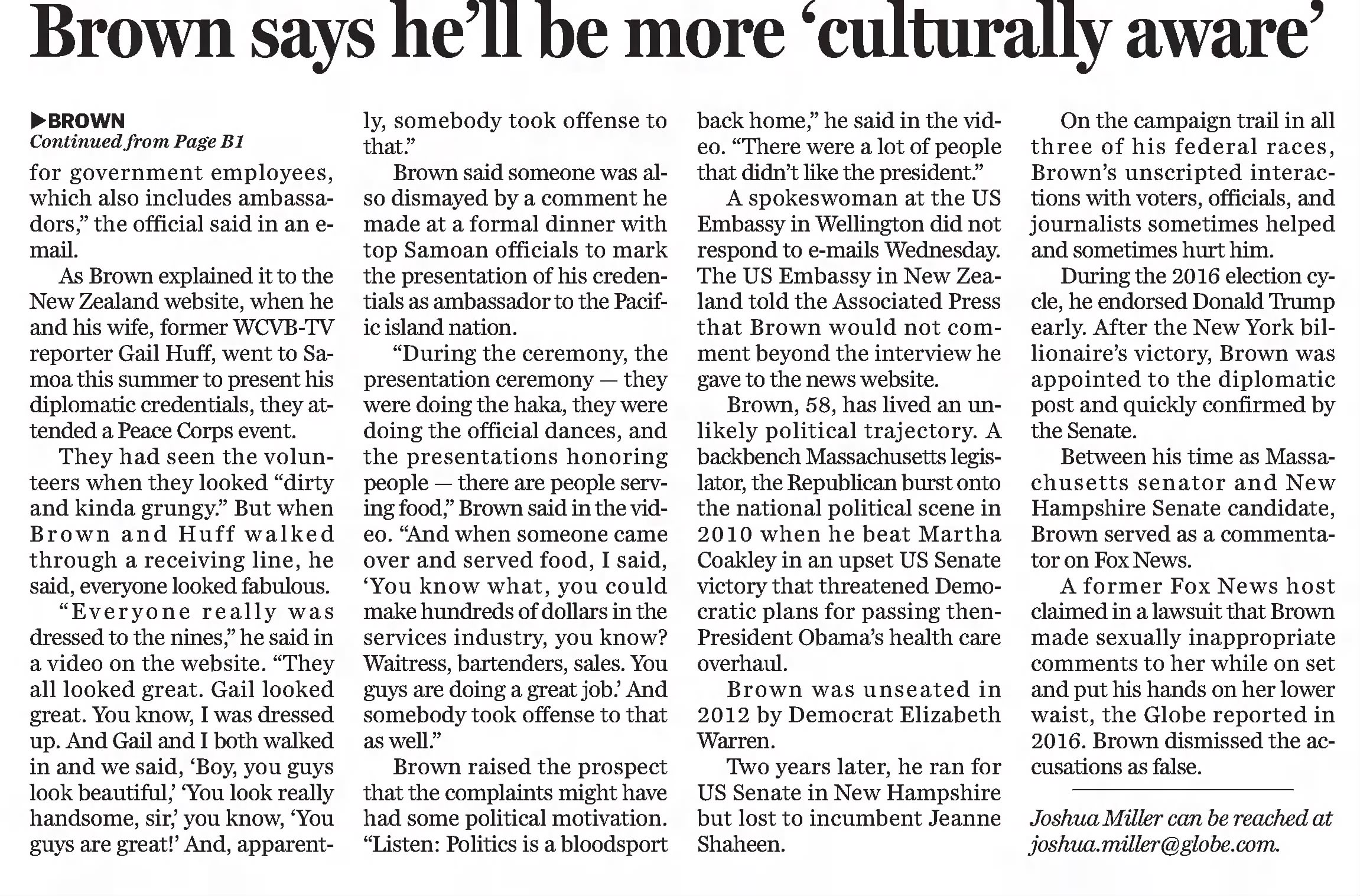 Brown says he'll be more culturally aware 
The Boston Globe
Boston, Massachusetts &middot; Thursday, October 26, 2017