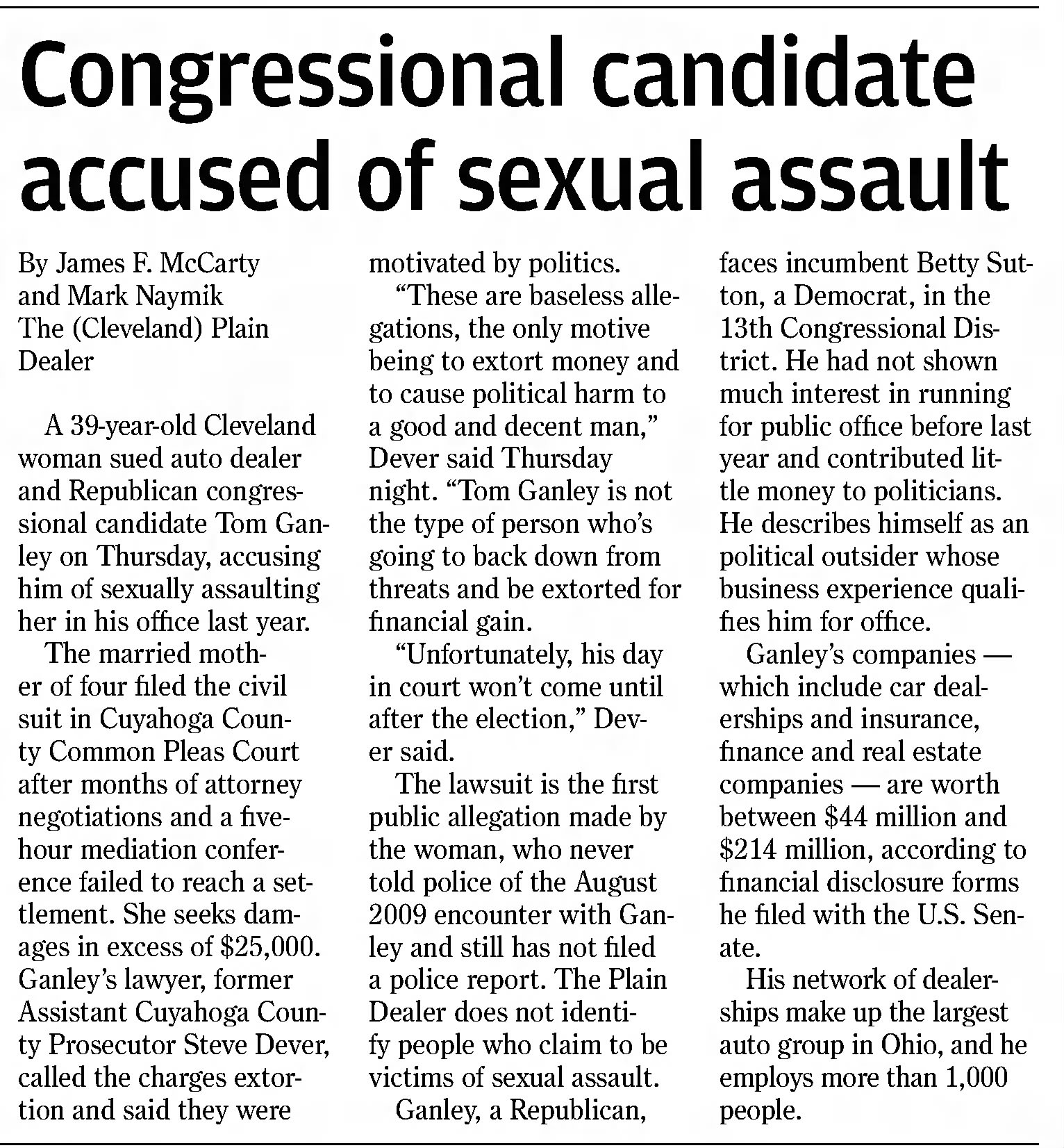Congressional candidate accused of sexual assault
Dayton Daily News
Dayton, Ohio · Friday, October 01, 2010