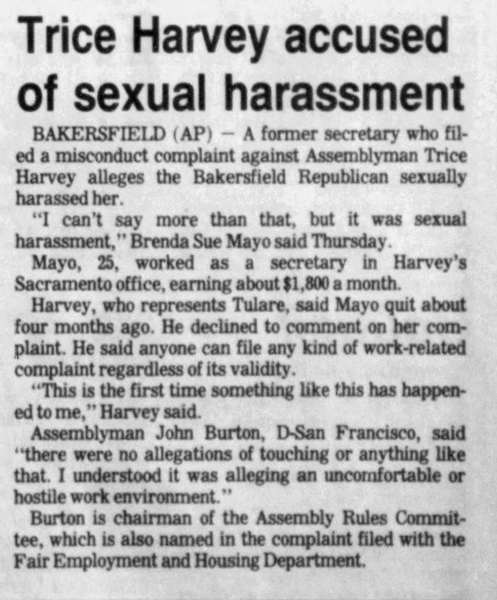 Trice Harvey accused of sexual harassment
Tulare Advance-Register
Tulare, California · Sunday, May 09, 1993