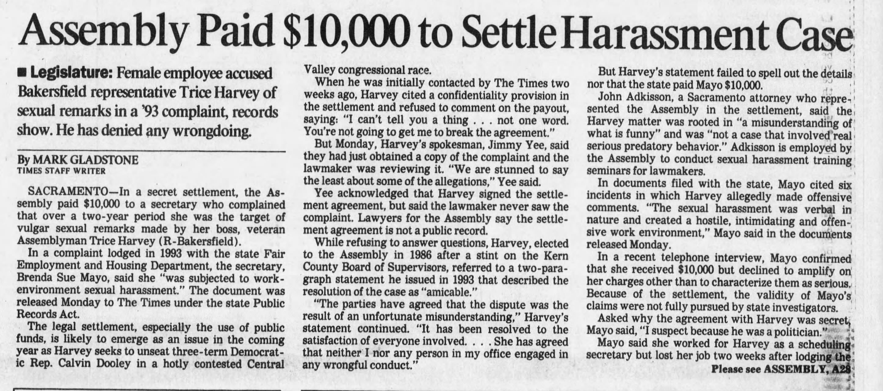 assemby paid 10,000 to settle sexual harassment case
The Los Angeles Times
Los Angeles, California · Tuesday, November 14, 1995