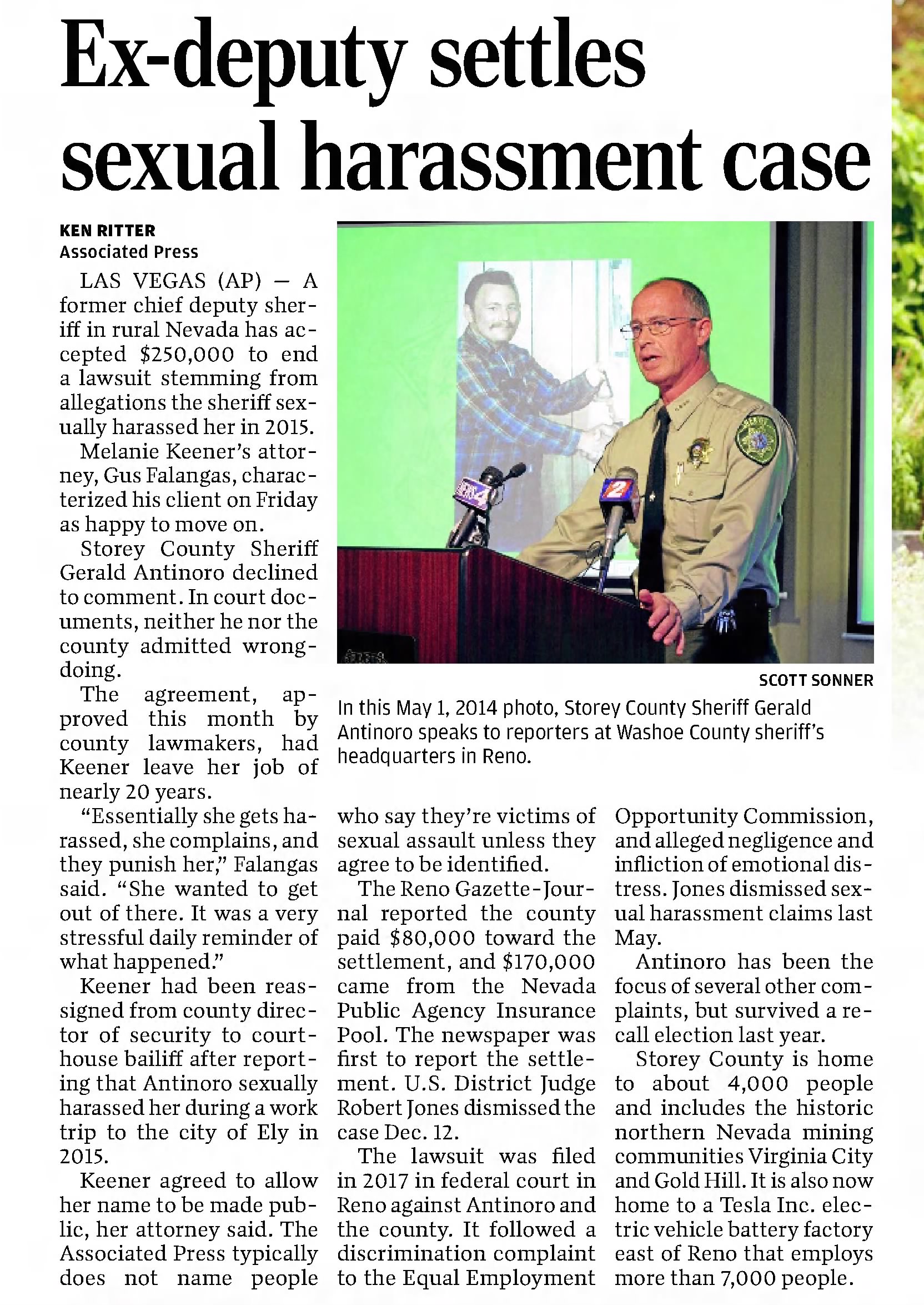 Ex-deputy settles sexual harassment case 
Elko Daily Free Press
Elko, Nevada &middot; Wednesday, December 25, 2019