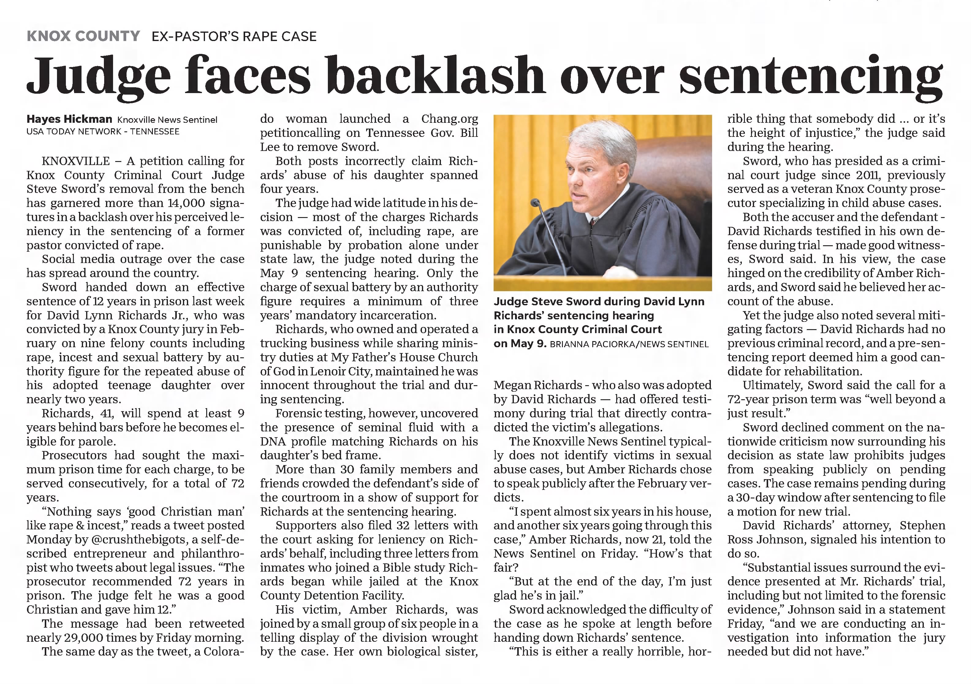 Judge faces backlash over sentencing The Tennessean
Nashville, Tennessee · Sunday, May 19, 2019