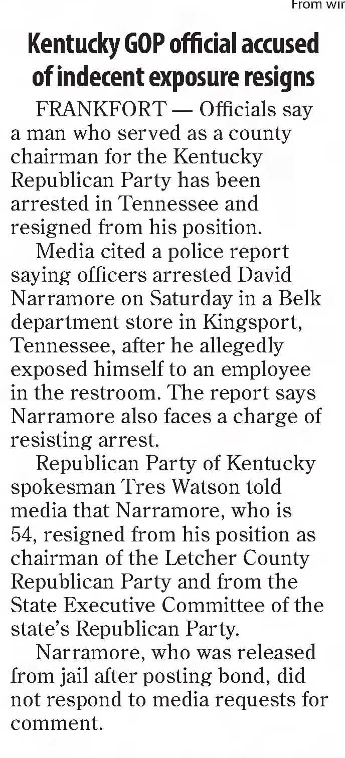 Kentucky GOP official accused of indecent exposure resigns
The Messenger
Madisonville, Kentucky · Thursday, July 20, 2017