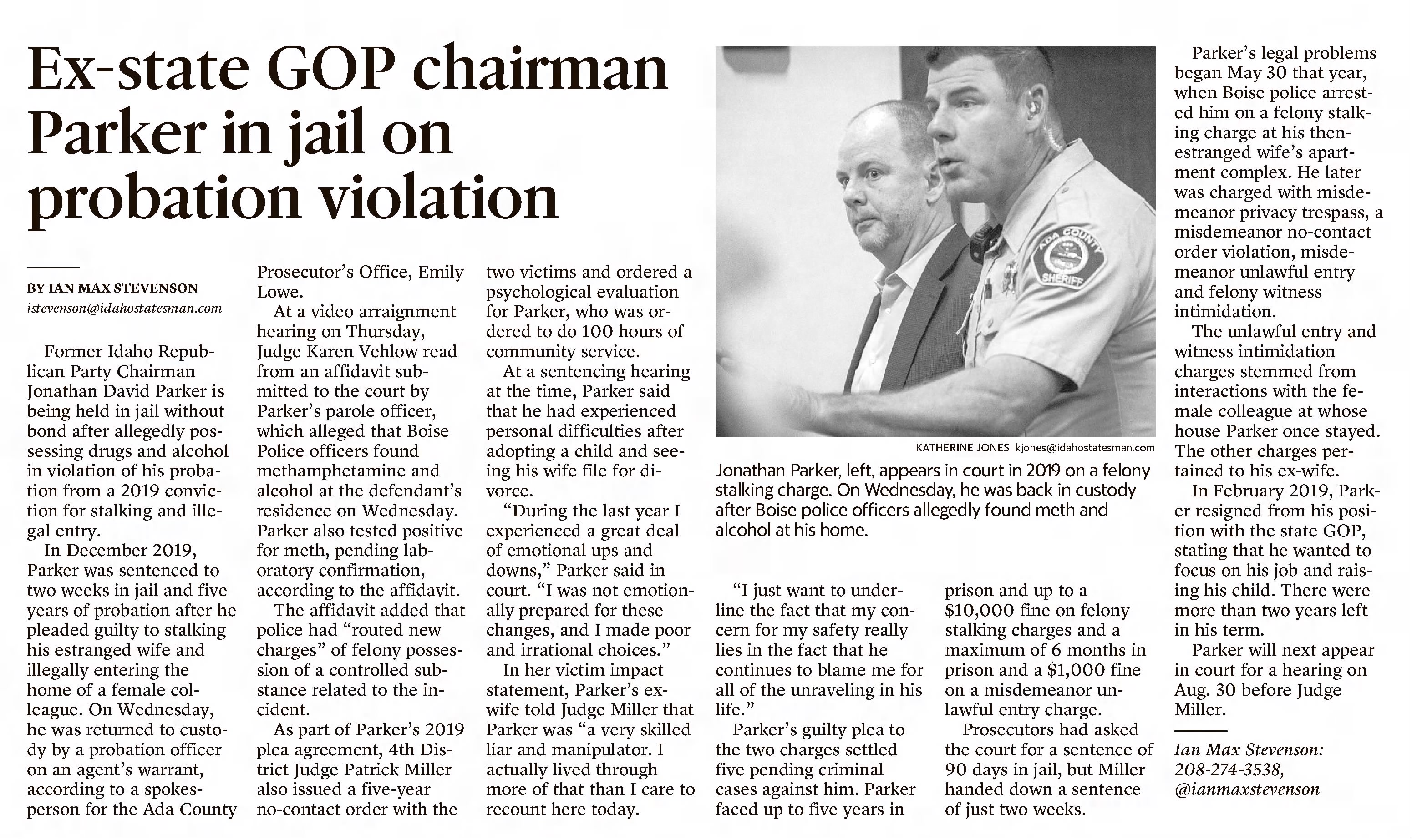 Ex-state GOP chairman Parker in jail on probation violation
The Idaho Statesman
Boise, Idaho · Sunday, August 22, 2021