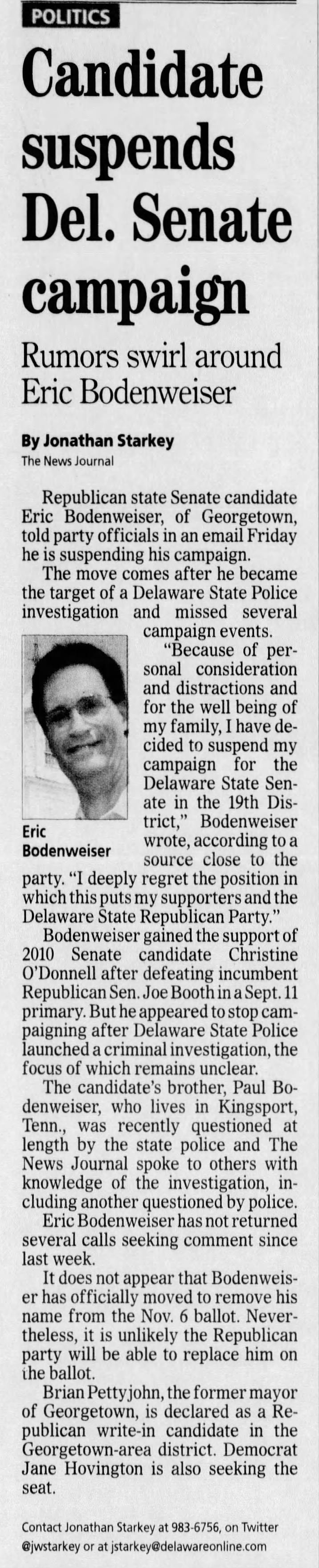 Candidate suspends De Senate Campaign
The News Journal
Wilmington, Delaware · Saturday, October 13, 2012