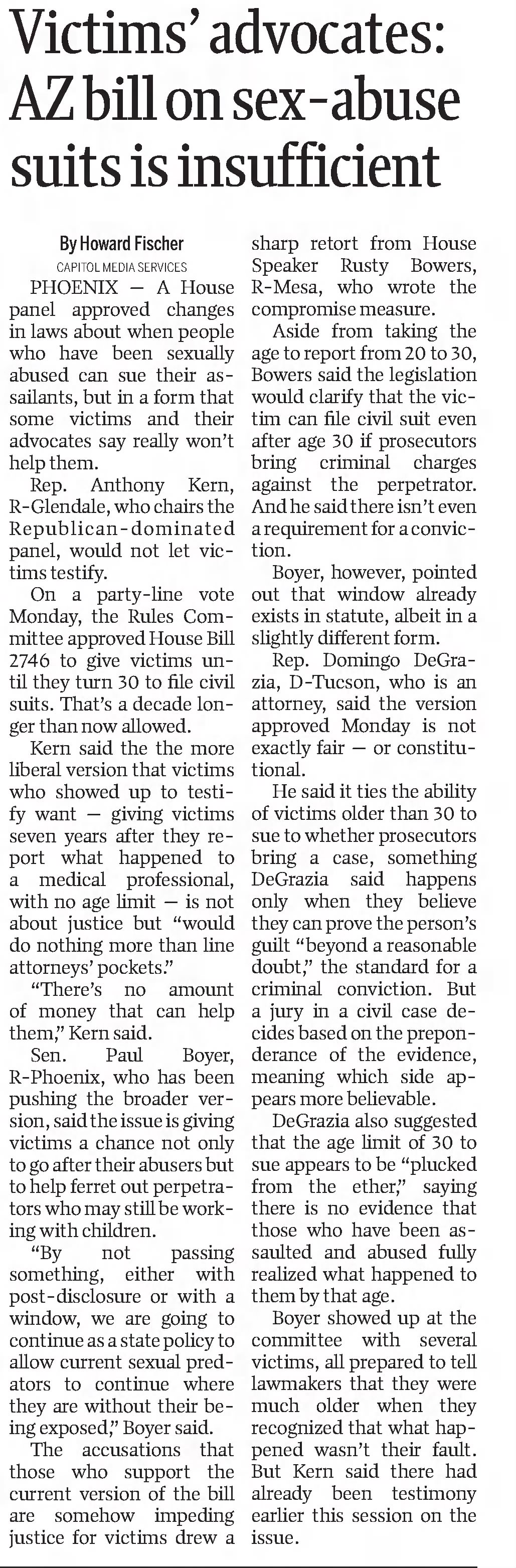 Victim's advocates: AZ bill on sex-abuse suits is insufficient