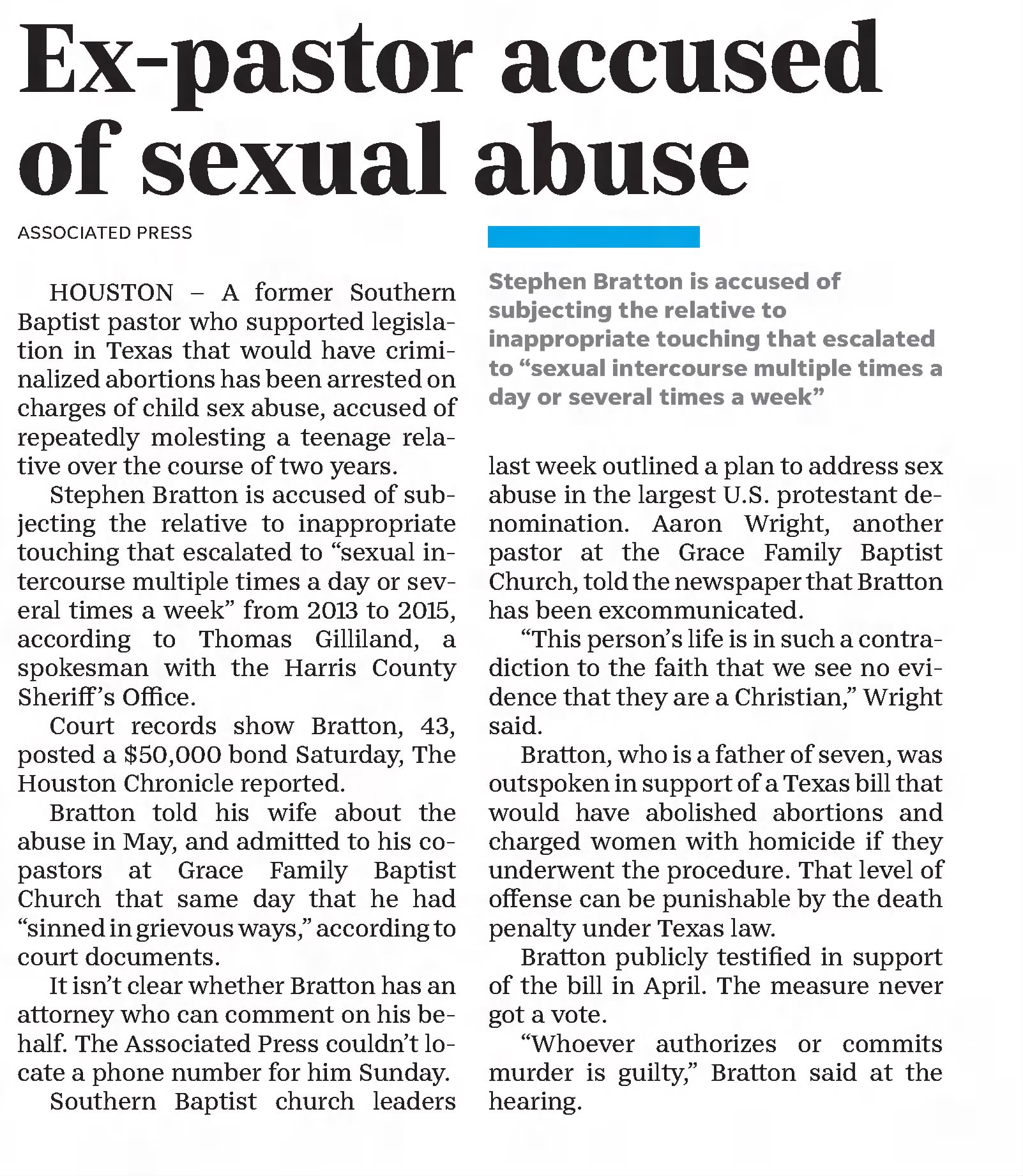 Ex-pastor accused of sexual abuse
Abilene Reporter-News
Abilene, Texas · Monday, June 17, 2019