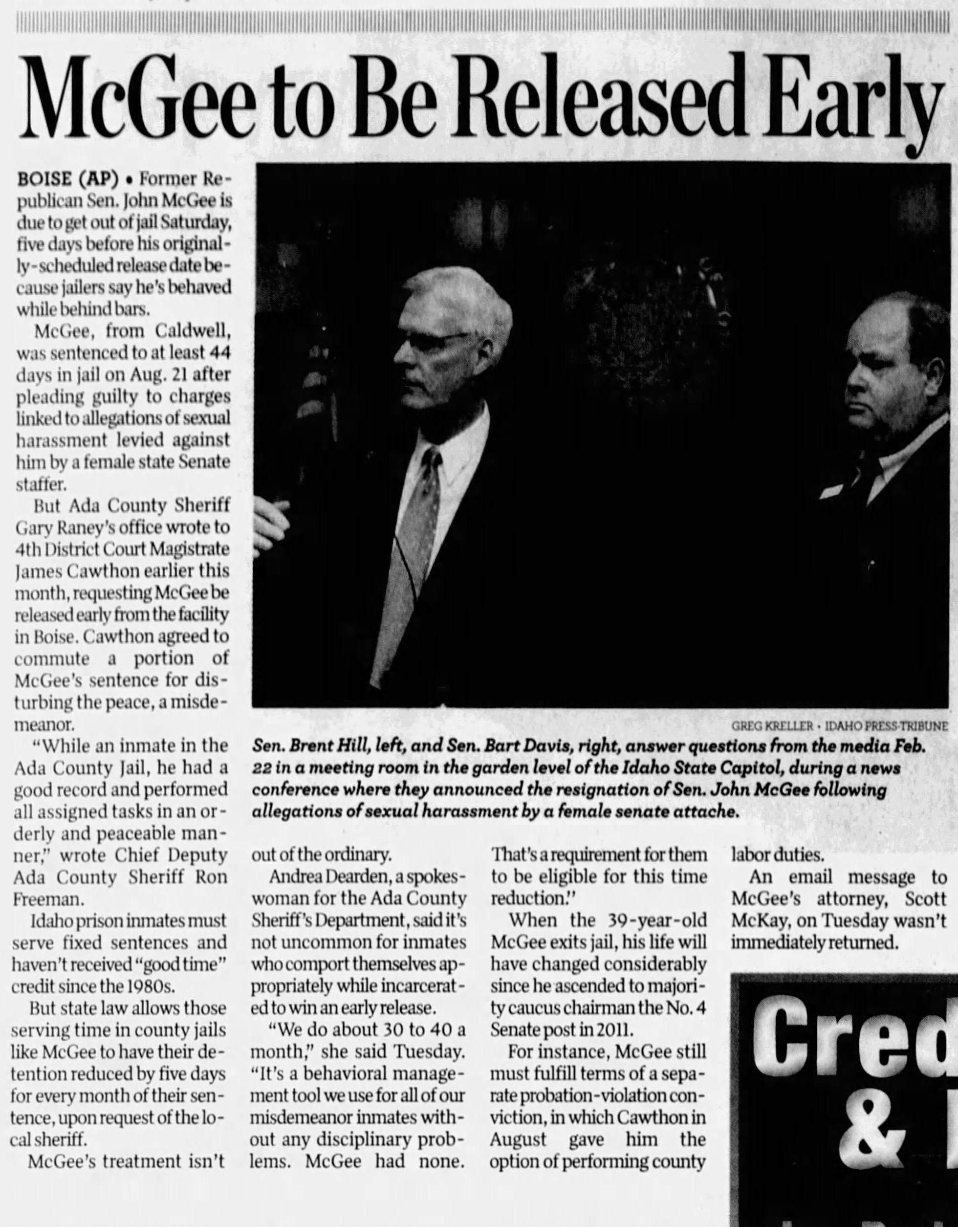 McGee to be released early
The Times-News
Twin Falls, Idaho · Wednesday, September 26, 2012
