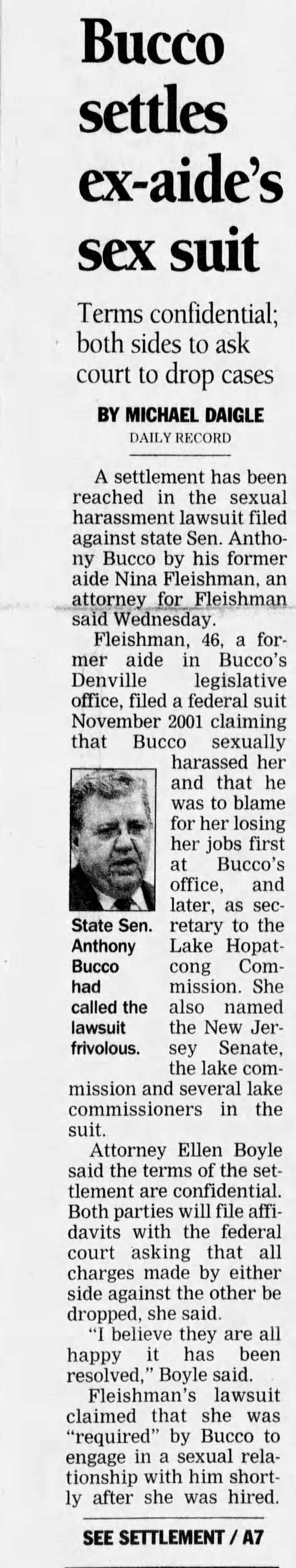 Bucco settles ex-aide's sex suit
Daily Record
Morristown, New Jersey · Thursday, August 12, 2004