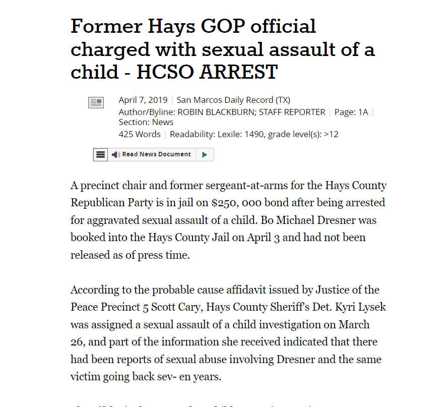 Former Hays GOP official arrested for sexual assault of a child. 
San Marco Daily Record
April 7, 2019