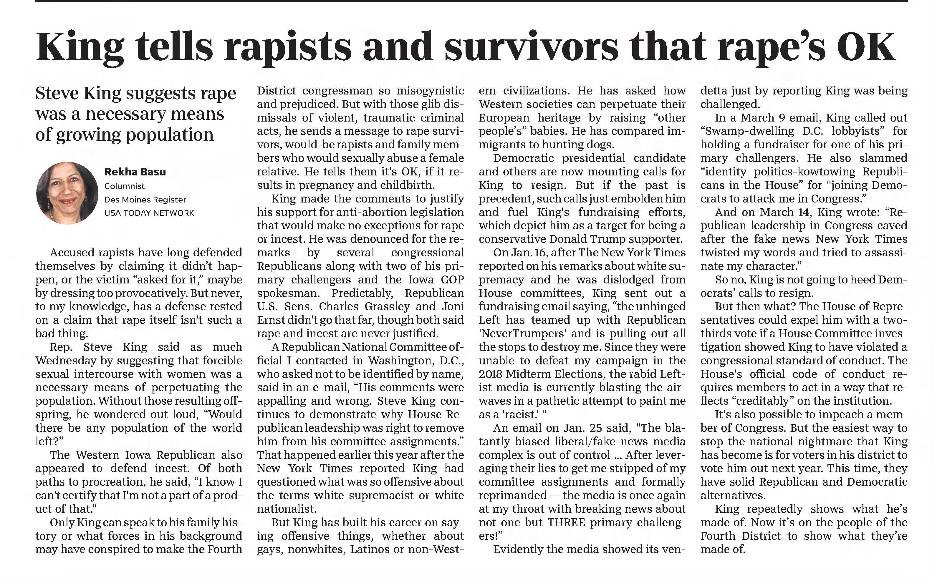King tells rapists and survivors that rape's ok
The Des Moines Register
Des Moines, Iowa &middot; Saturday, August 17, 2019