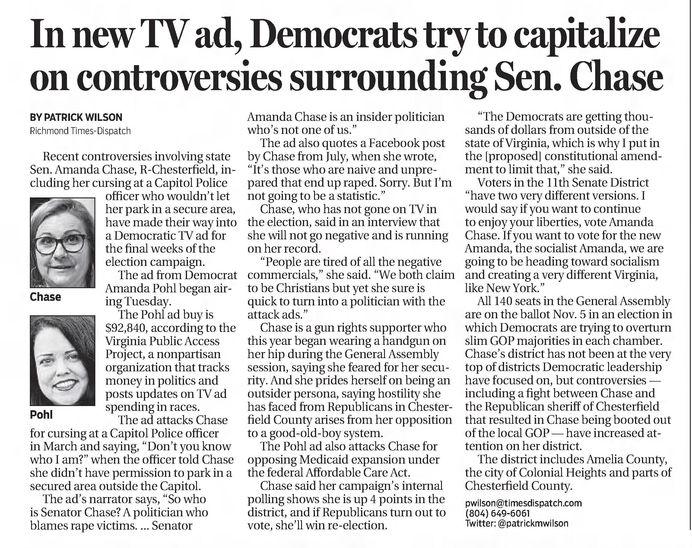 In new TV ad, Democrats try to capitalize on controversies surrounding Sen. Chase
Richmond Times-Dispatch
Richmond, Virginia · Wednesday, October 16, 2019