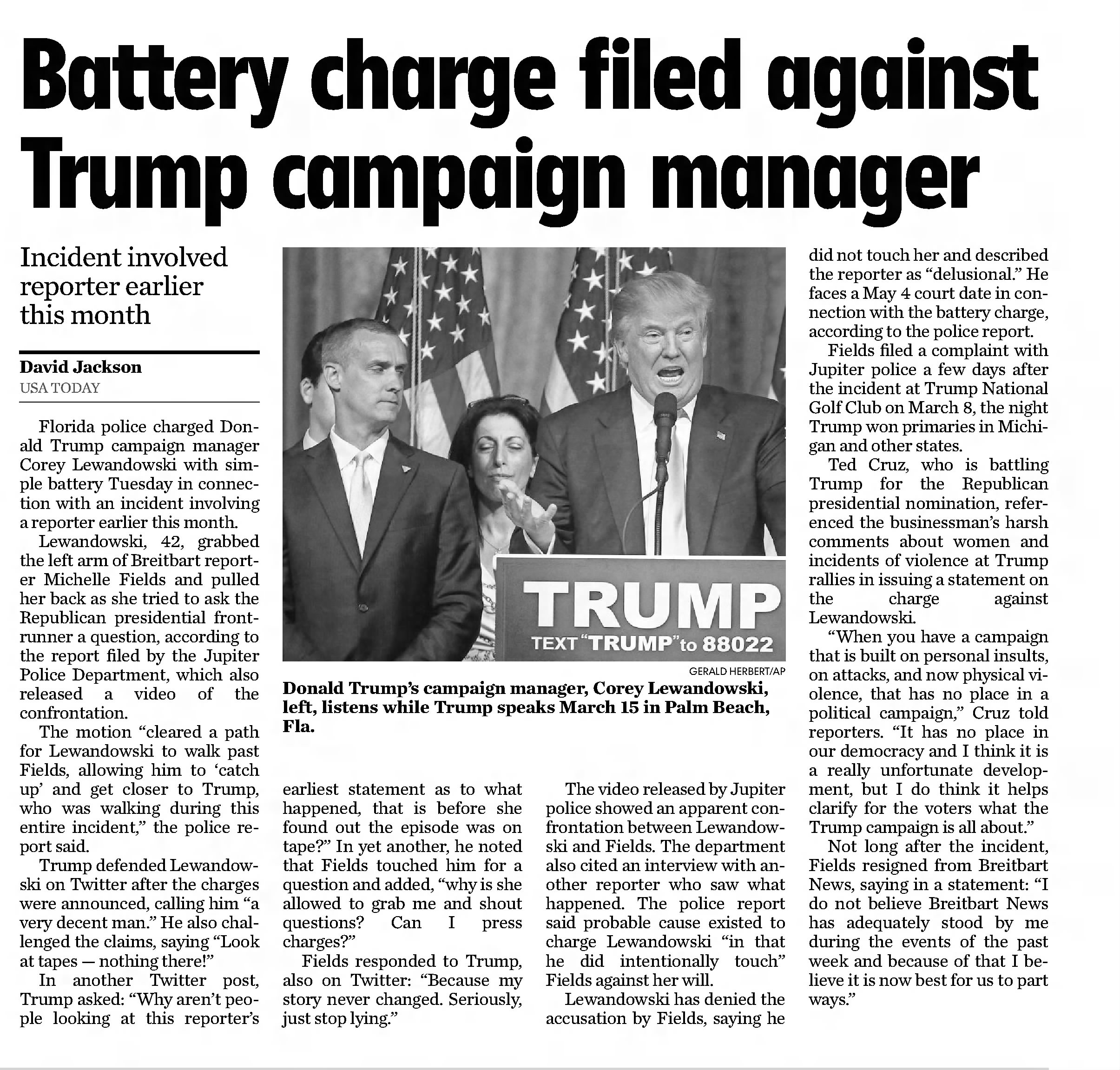 Battery charge filed against Trump campaign manager
&times;
The Courier-News
Bridgewater, New Jersey &middot; Wednesday, March 30, 2016