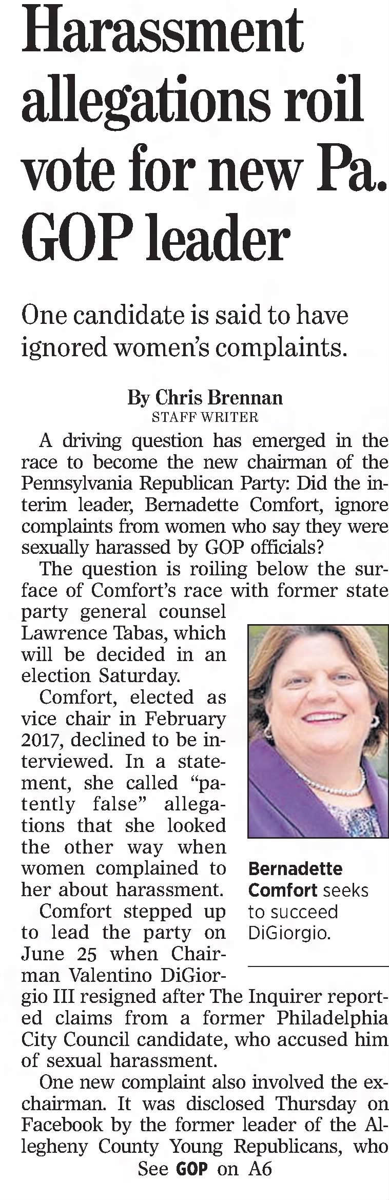 Harassment allegations roil vote for new PA GOP leader
The Philadelphia Inquirer
Philadelphia, Pennsylvania &middot; Friday, July 12, 2019