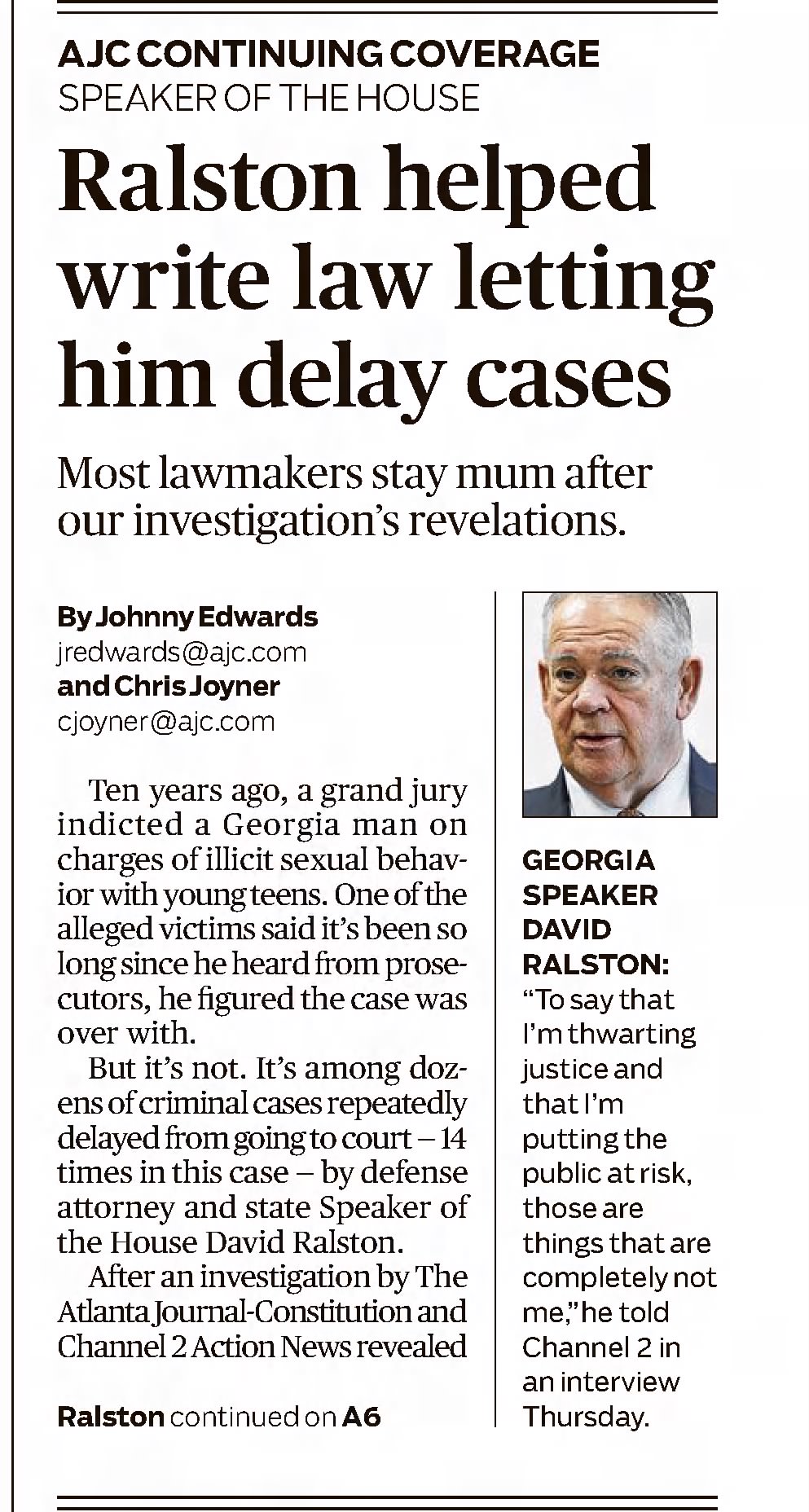 Ralston helped write law letting him delay cases 
The Atlanta Constitution
Atlanta, Georgia &middot; Sunday, February 24, 2019