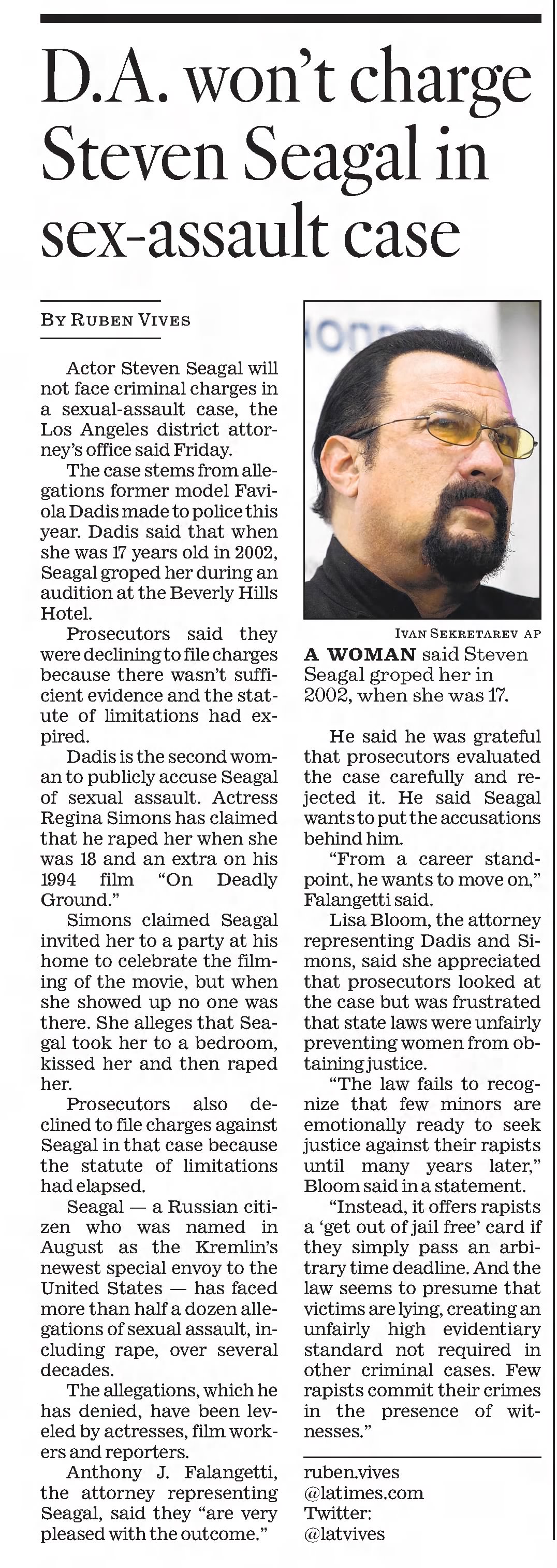 DA won't charge Steven Seagal in sex-assault case
×
The Los Angeles Times
Los Angeles, California · Saturday, December 22, 2018