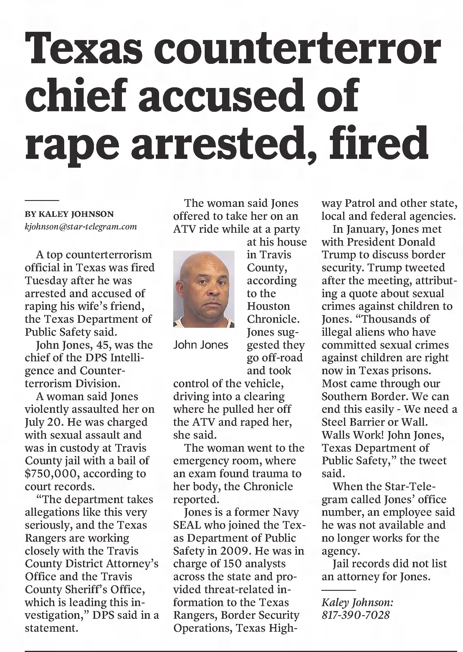 Texas counterterror chief accused of rape arrested, fired
Fort Worth Star-Telegram
Fort Worth, Texas &middot; Thursday, August 01, 2019