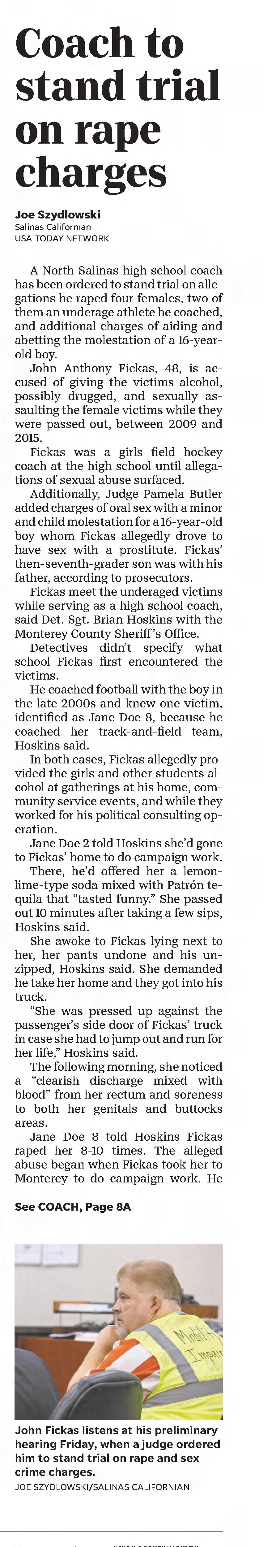 Coach to stand trial on rape charges 
The Californian
Salinas, California &middot; Saturday, September 07, 2019