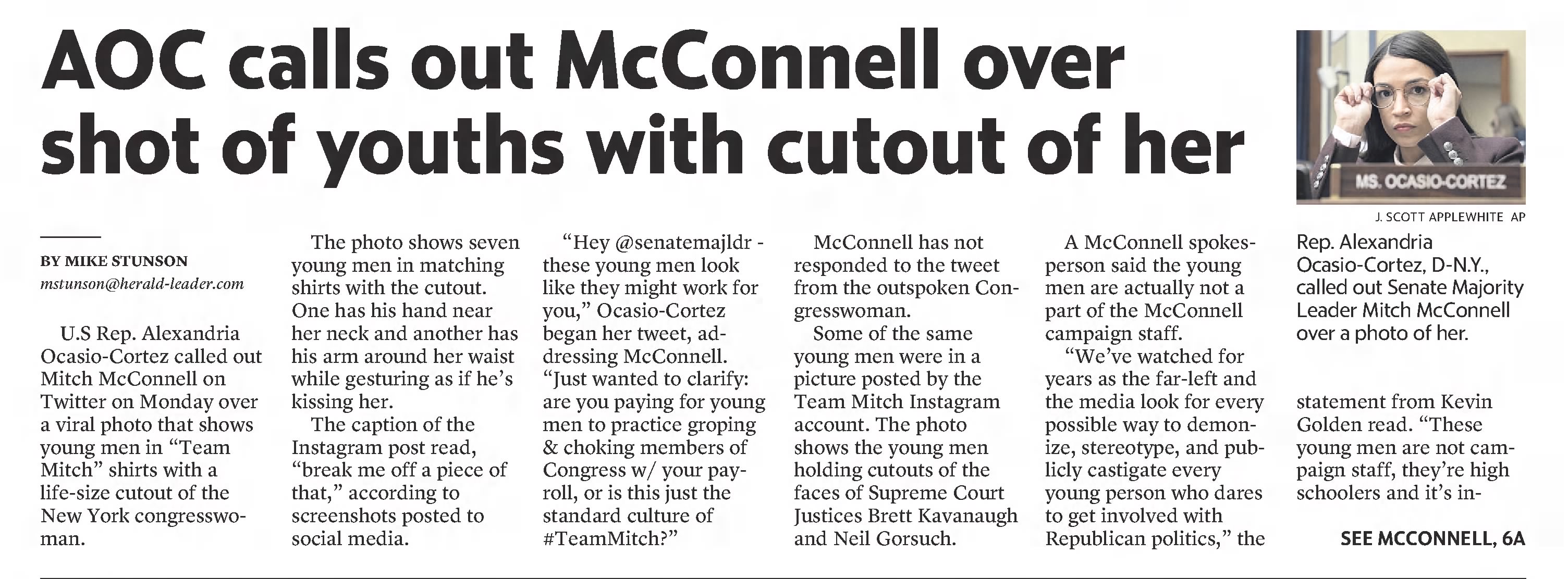 AIC calles out McConnell over shot of youths with cutout of her.
Lexington Herald-Leader
Lexington, Kentucky · Wednesday, August 07, 2019