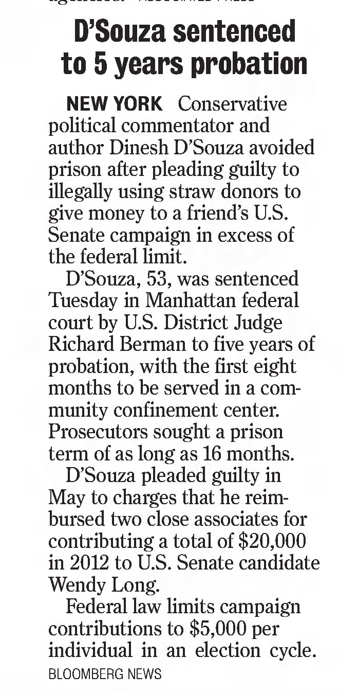 D'Souza sentenced to five years probation
The Herald
Rock Hill, South Carolina · Wednesday, September 24, 2014