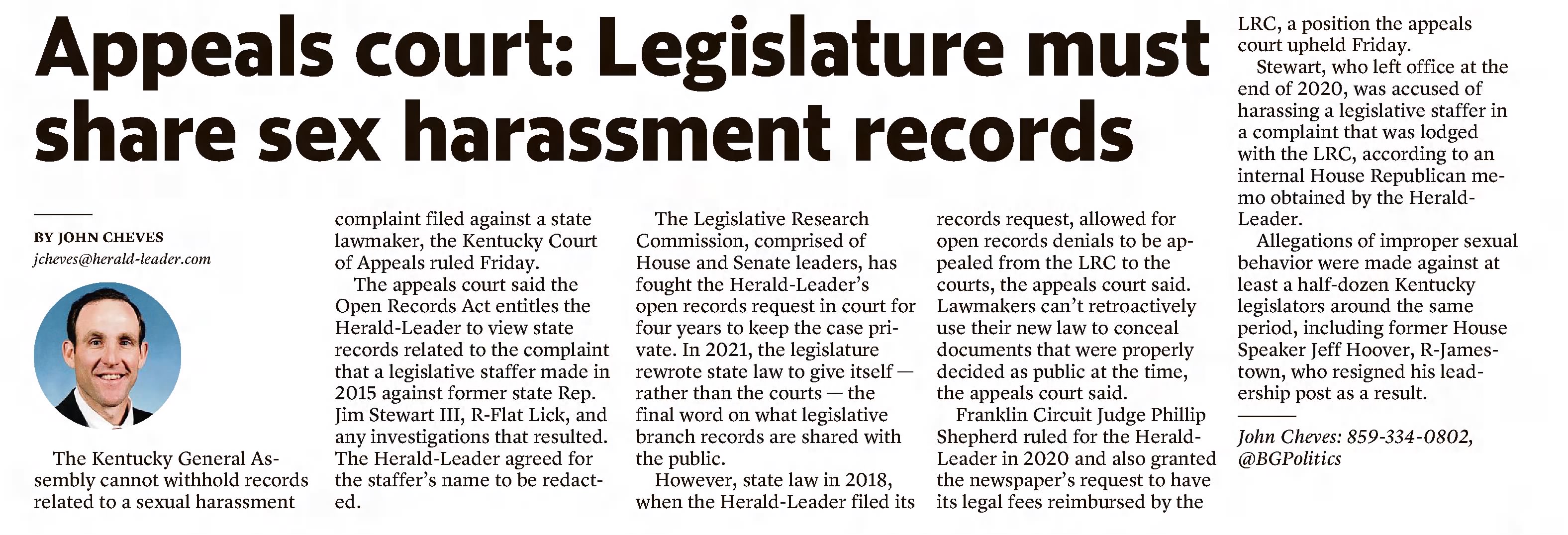 Appeals Court: Legislature must share sex harassment records
Lexington Herald-Leader
Lexington, Kentucky &middot; Monday, February 07, 2022