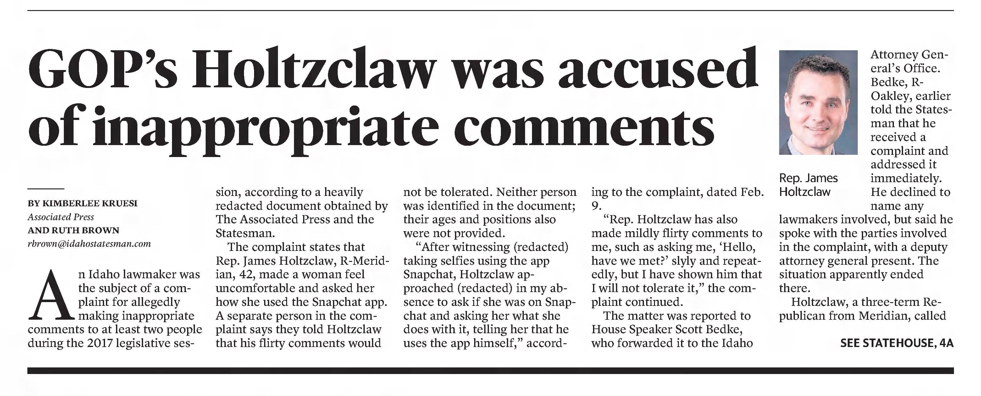 GOP's Holtzclaw was accused of inappropriate comments
The Idaho Statesman
Boise, Idaho · Wednesday, December 13, 2017