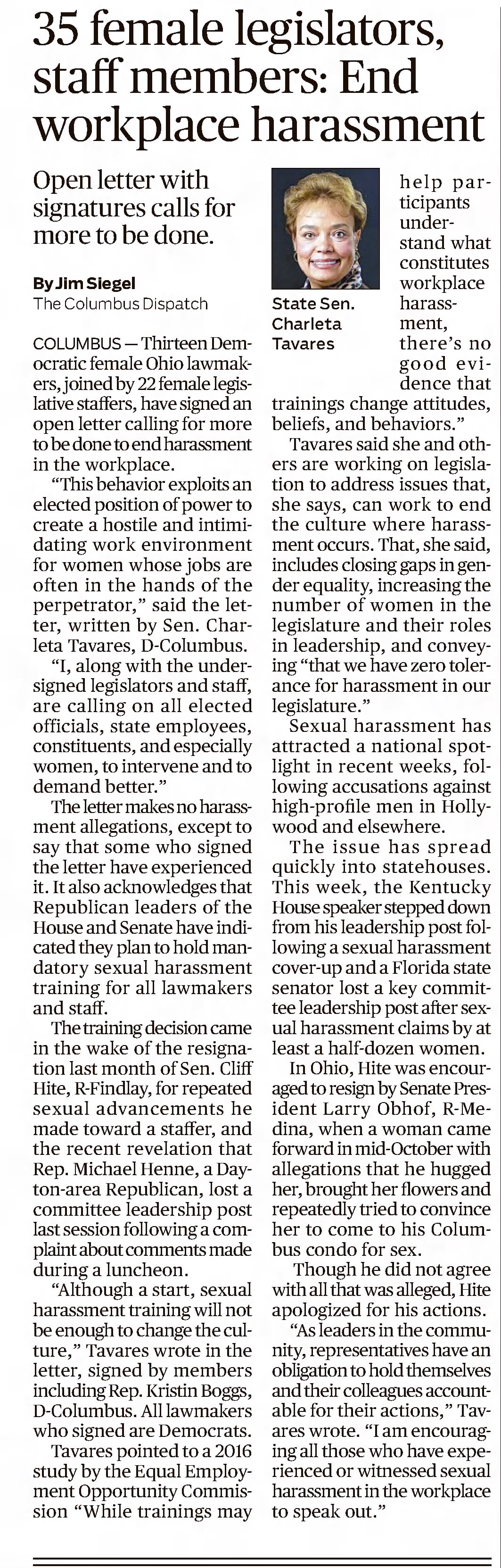 35 female legislators, staff members: End workplace harassment The Journal News
Hamilton, Ohio · Saturday, November 11, 2017