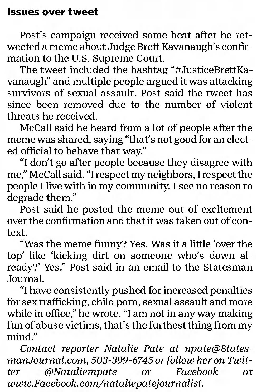 Issues over tweet
Statesman Journal
Salem, Oregon · Monday, October 15, 2018