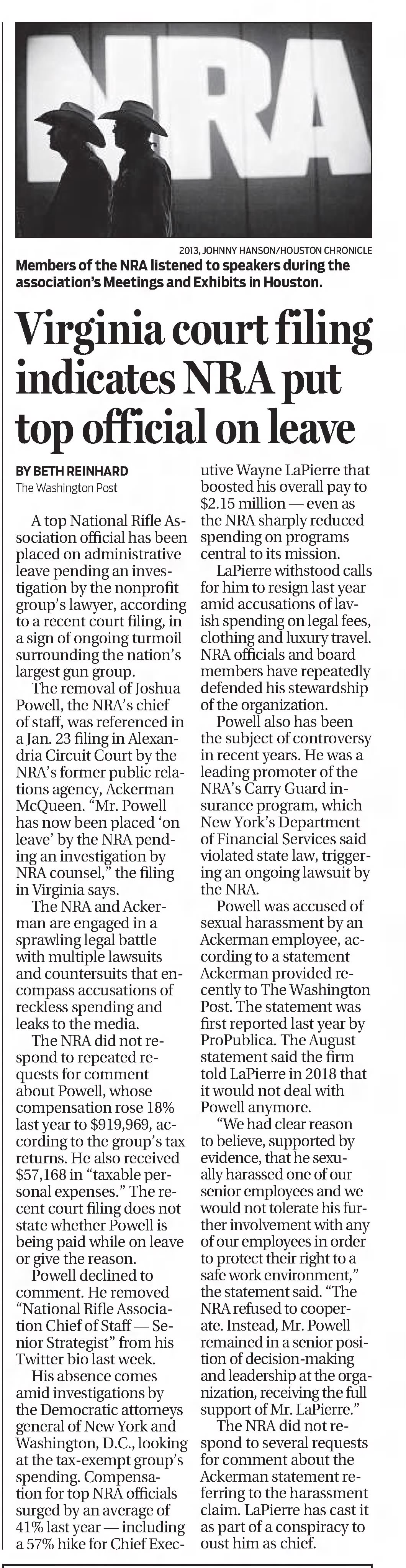 Virginia court filing indicates NRA put top official on leave
Richmond Times-Dispatch
Richmond, Virginia · Sunday, February 02, 2020