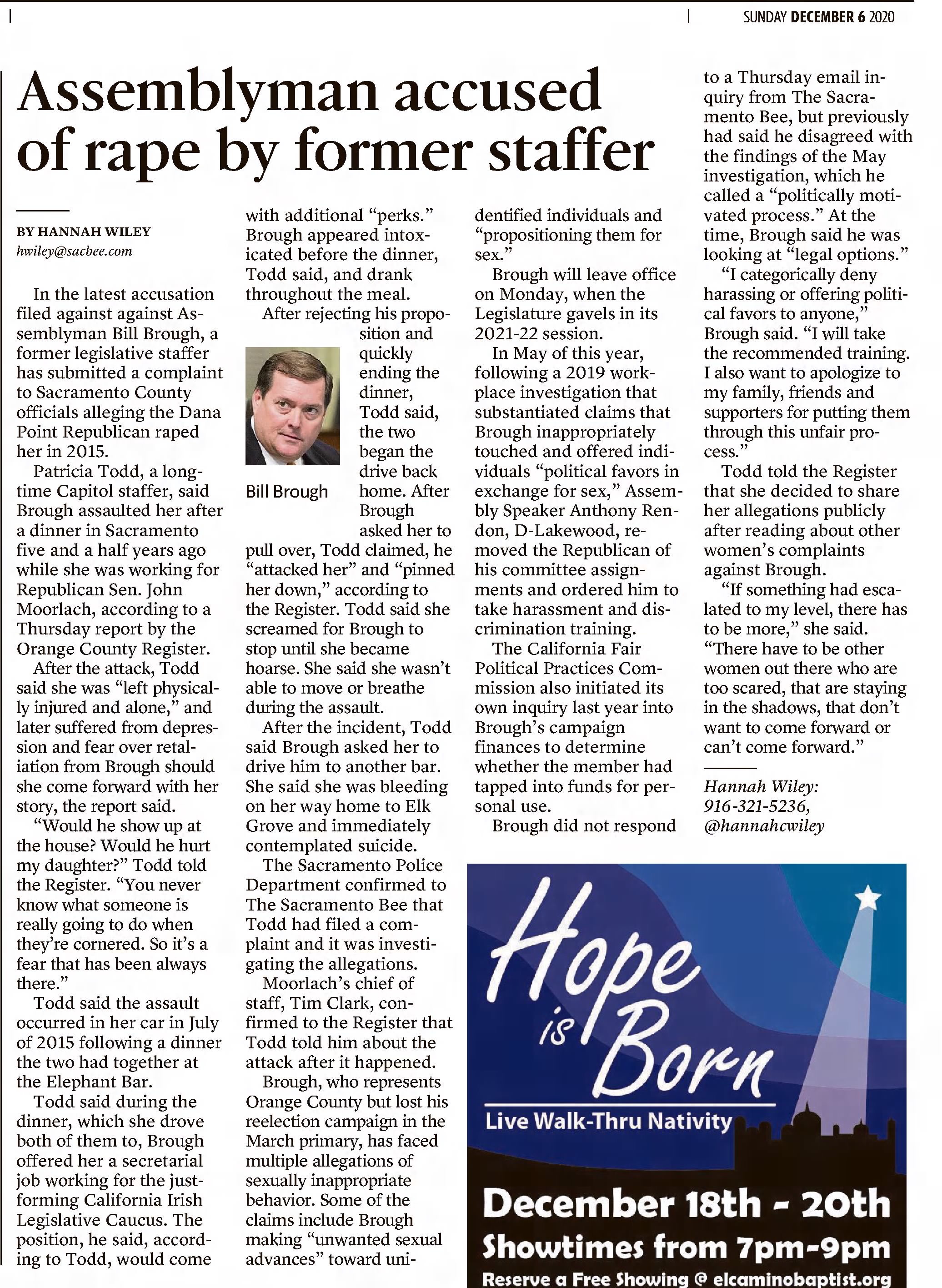 Assemblyman accused of rape by former staff 
The Sacramento Bee
Sacramento, California &middot; Sunday, December 06, 2020