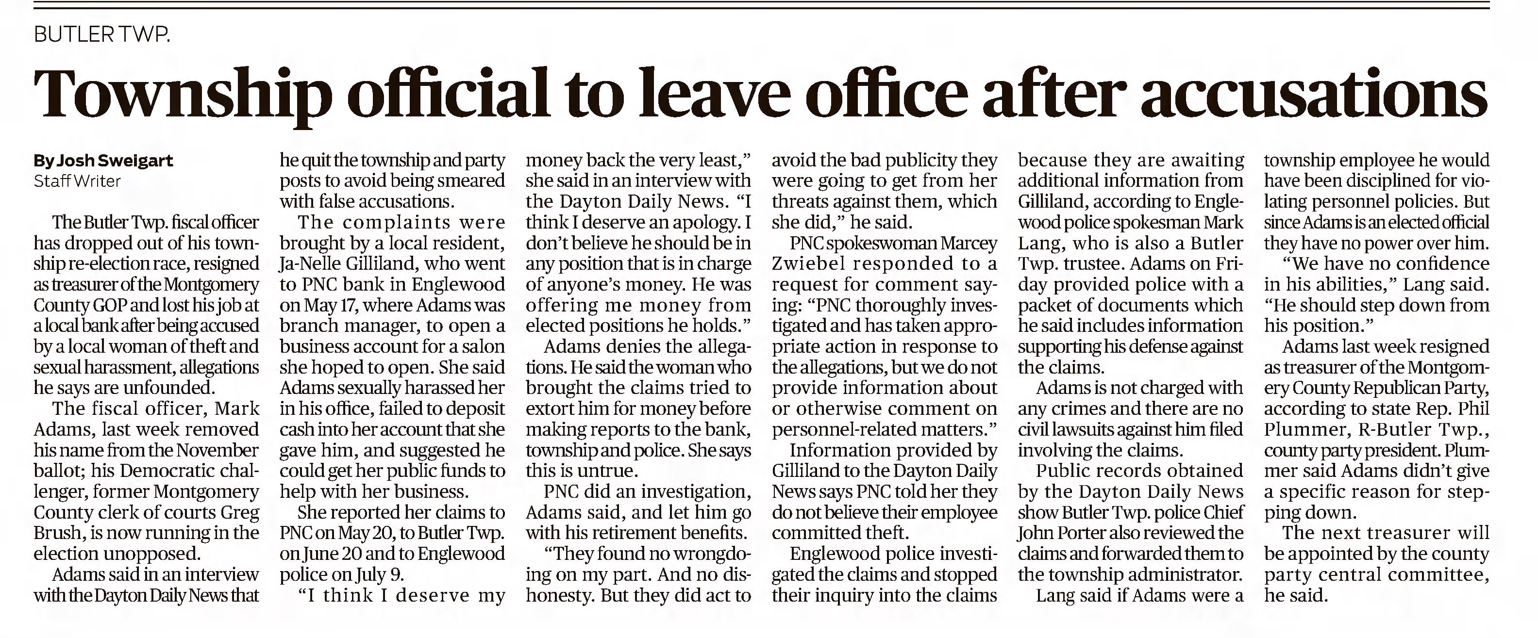 Township official to leave office after accusations
Dayton Daily News
Dayton, Ohio &middot; Monday, September 16, 2019