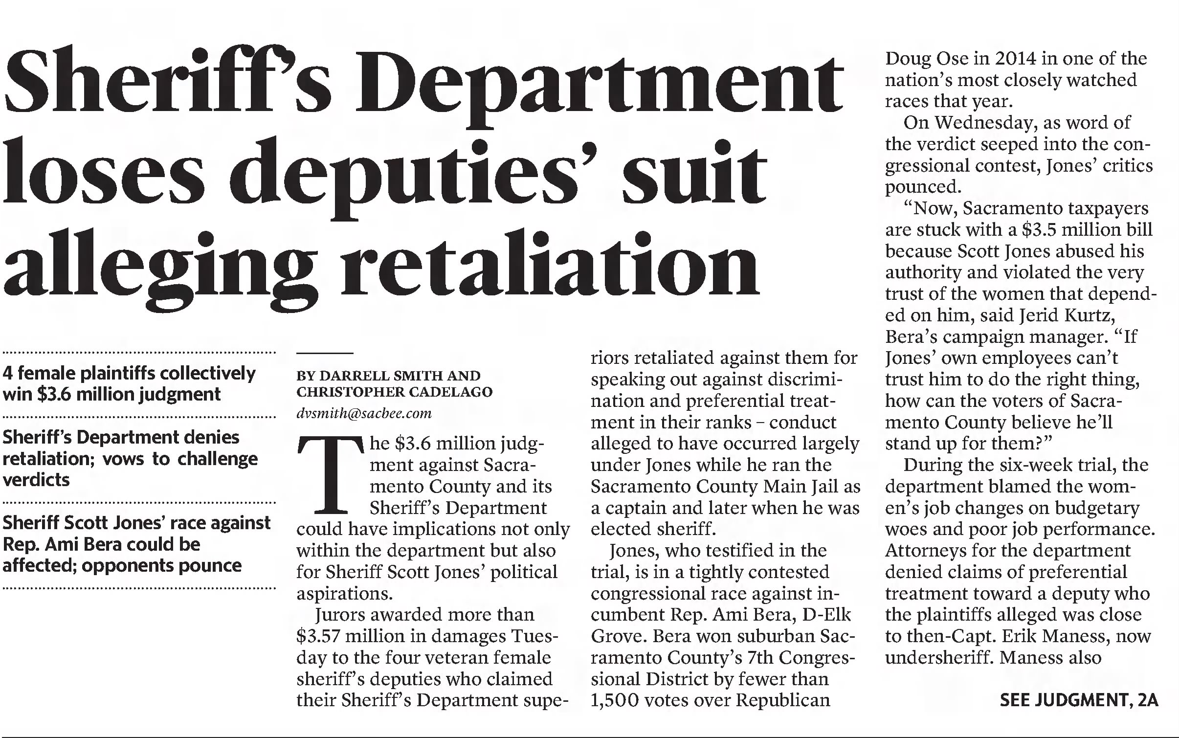Sheriff's Department loses deputies' suit alleging retaliation
The Sacramento Bee
Sacramento, California · Thursday, May 19, 2016