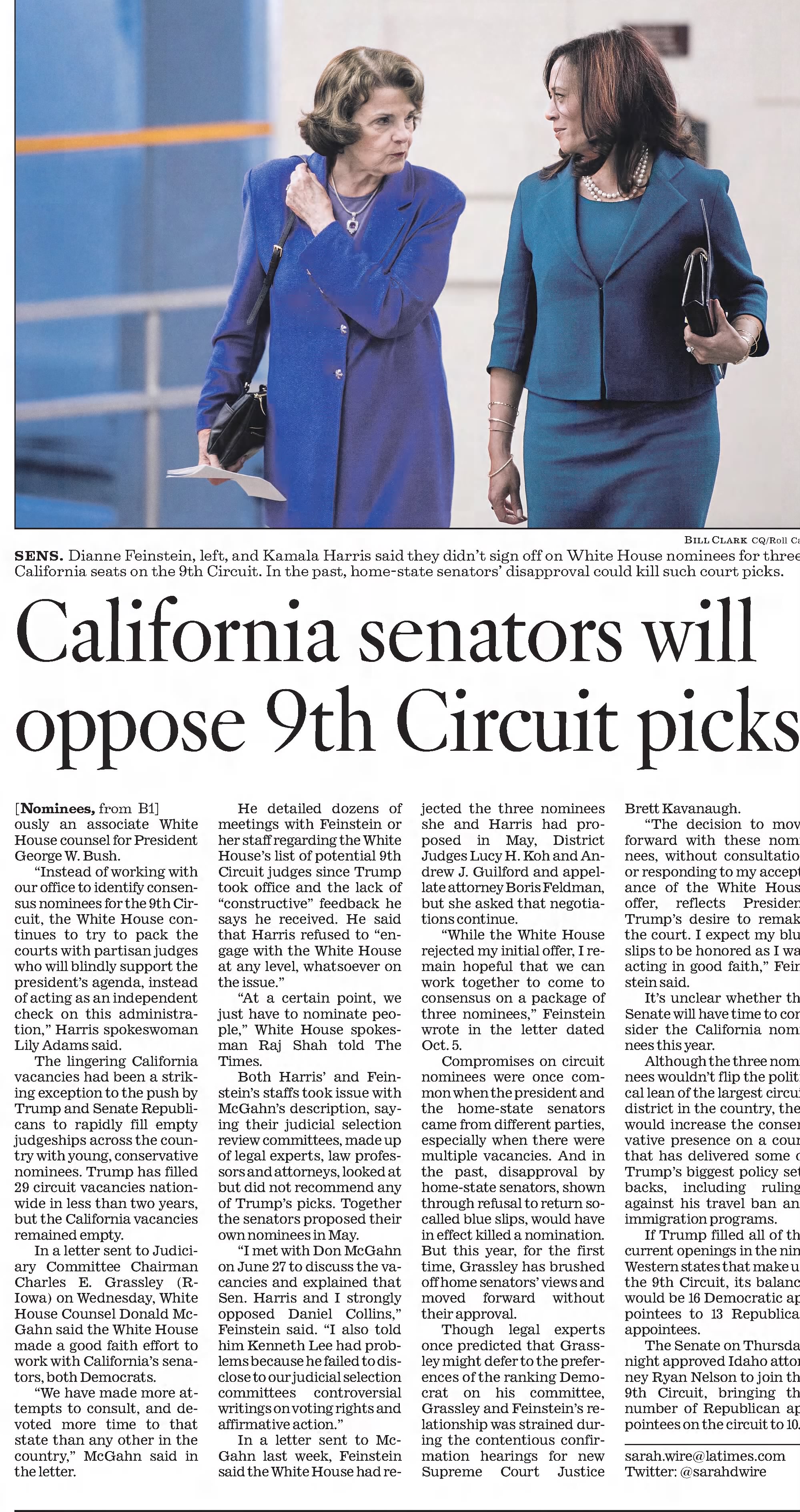 California senators will oppose 9th Circuit picks
The Los Angeles Times
Los Angeles, California &middot; Friday, October 12, 2018