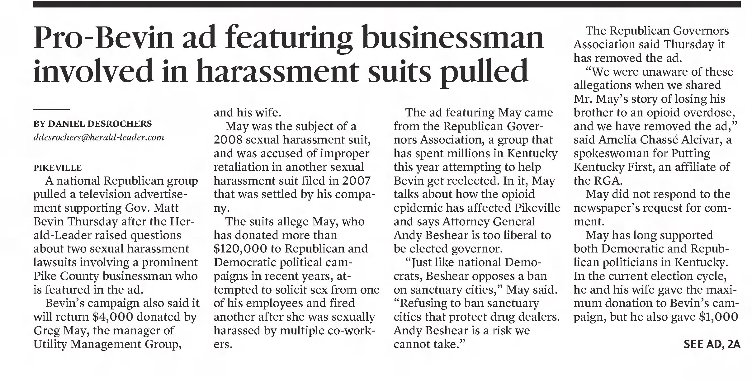 Pro-Bevin ad featuring business involved in harassment suits pulled
Lexington Herald-Leader
Lexington, Kentucky &middot; Saturday, October 05, 2019