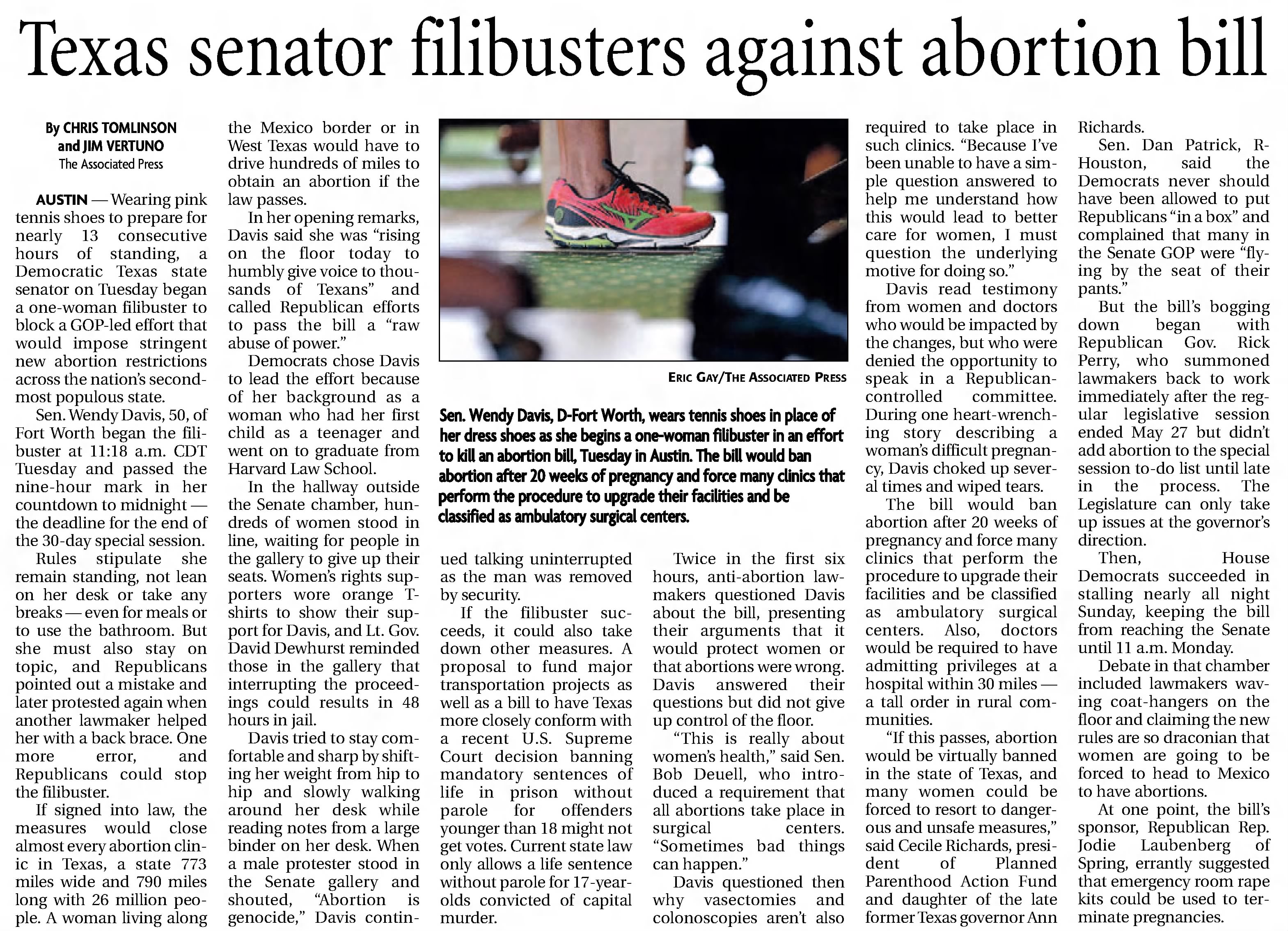 Texas Senator filibusteres against abortion bill
Jodie Lauberberg