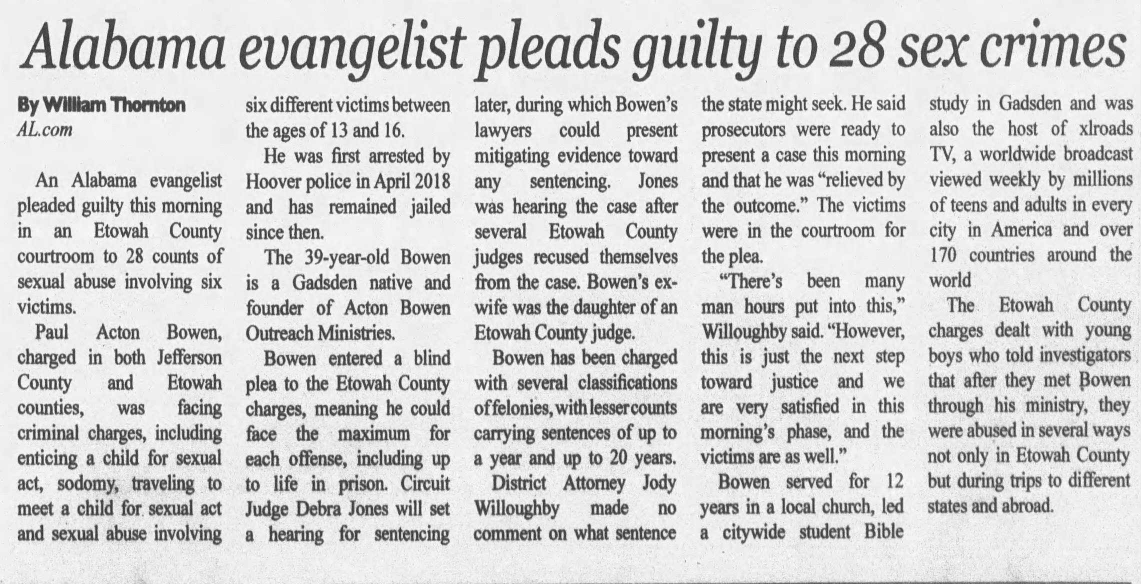 Alabama evangelist pleads guilty to 28 sex crimes
The Selma Times-Journal
Selma, Alabama · Tuesday, December 03, 2019