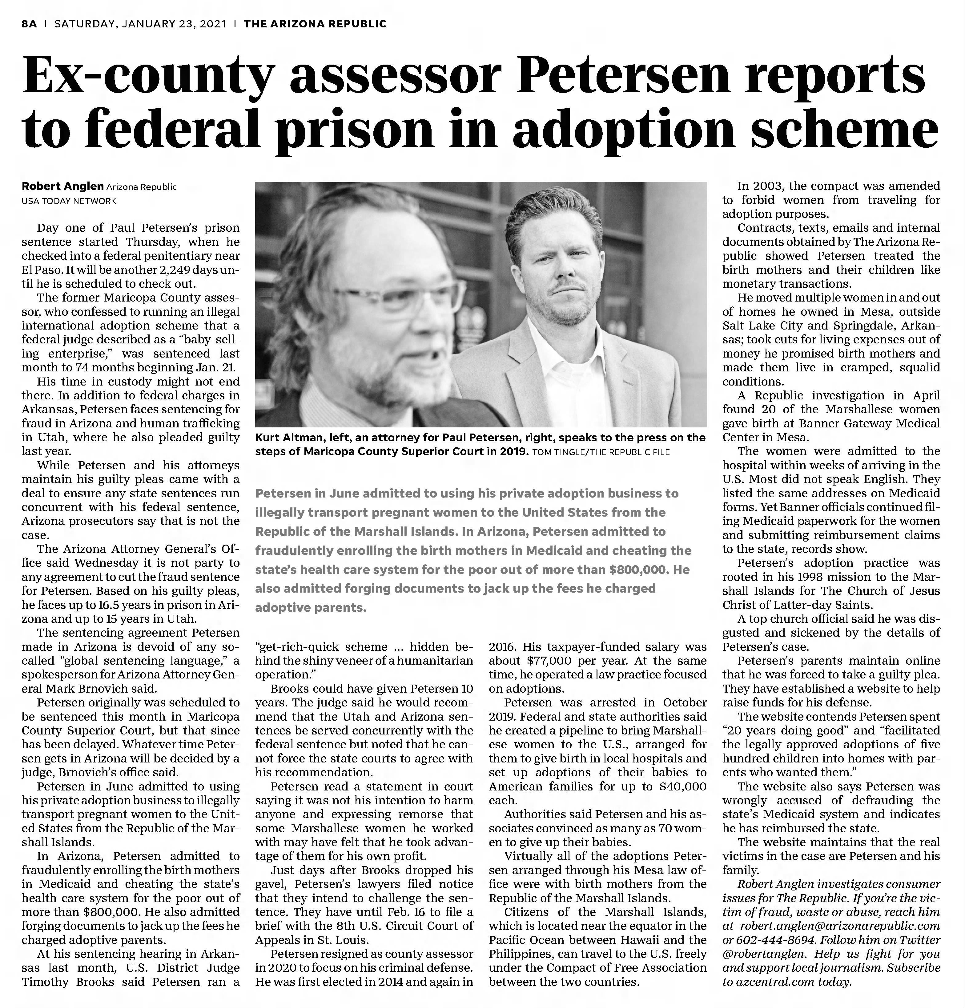 Ex-county assessor Petersen reports to federal prison in adoption scheme
Arizona Republic
Phoenix, Arizona &middot; Saturday, January 23, 2021