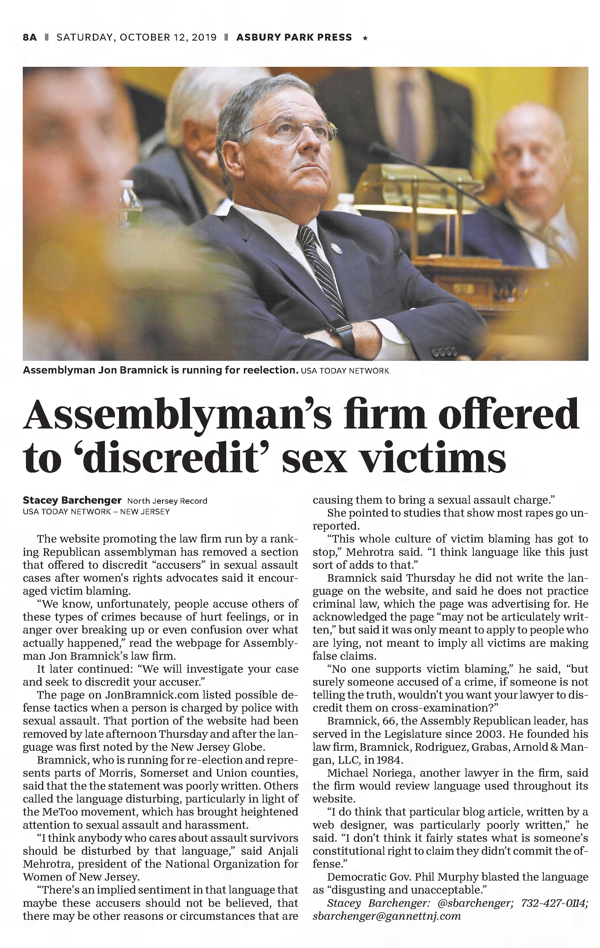 Assemblyman's firm offered to discredit sex victims
Asbury Park Press
Asbury Park, New Jersey · Saturday, October 12, 2019
