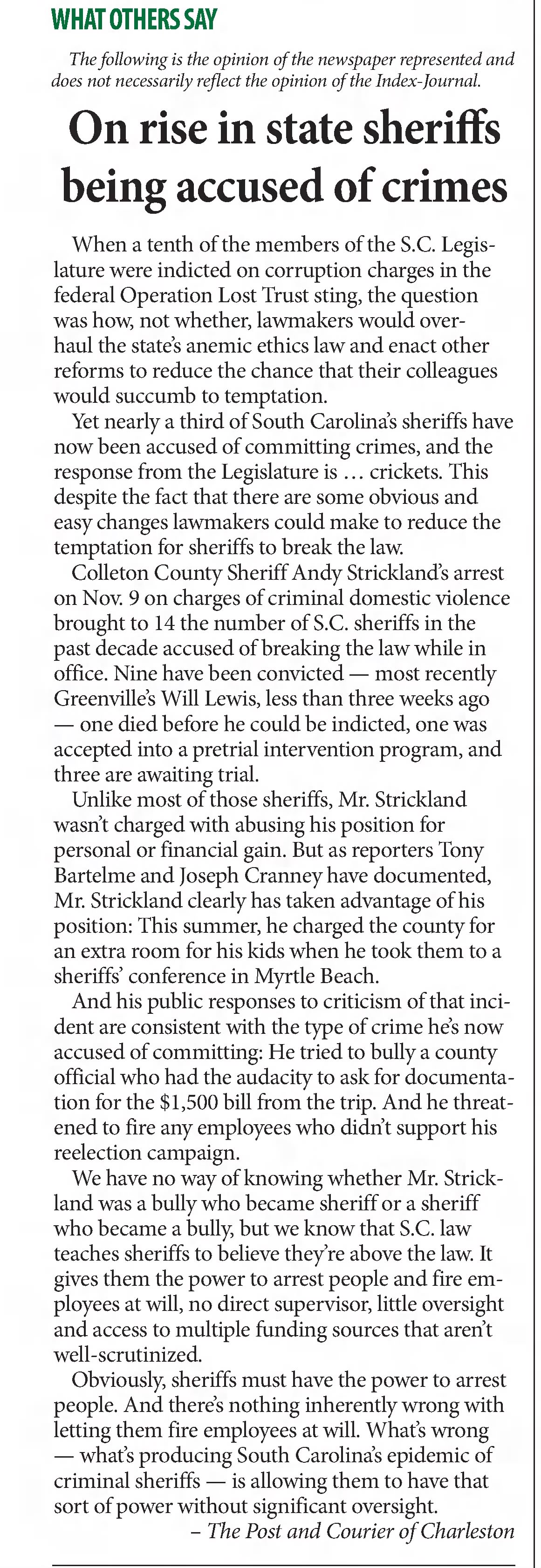 On rise in state sheriffs being accused of crimes 
&times;
The Index-Journal
Greenwood, South Carolina &middot; Monday, November 18