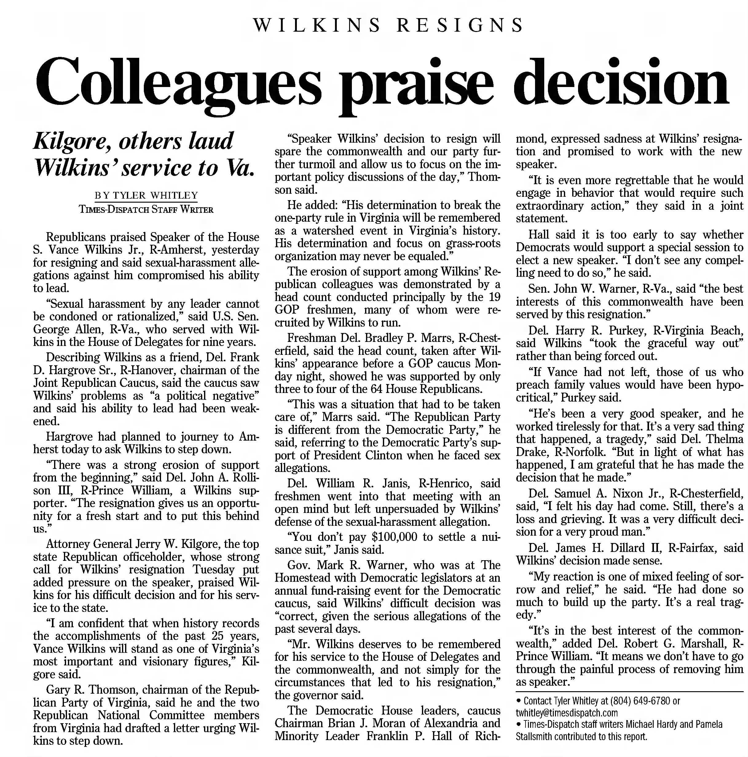 Colleagues praise decision
Richmond Times-Dispatch
Richmond, Virginia · Friday, June 14, 2002