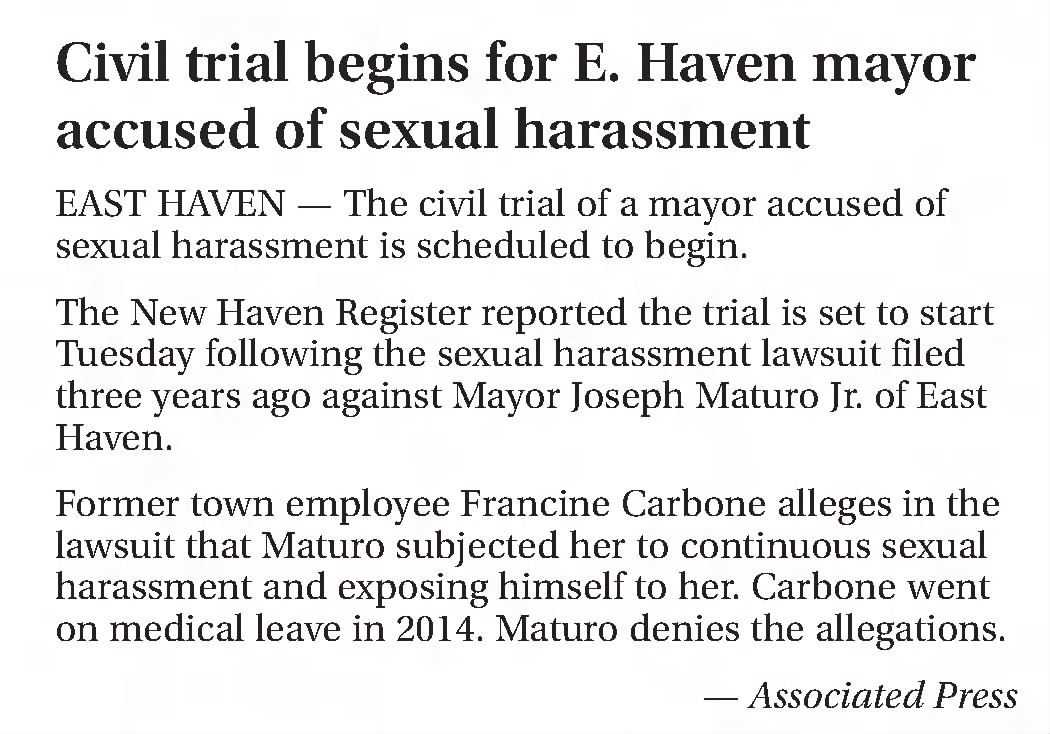 Civil trial begins for E. Haven mayor accused of sexual harassment 
Record-Journal
Meriden, Connecticut &middot; Tuesday, June 26, 2018